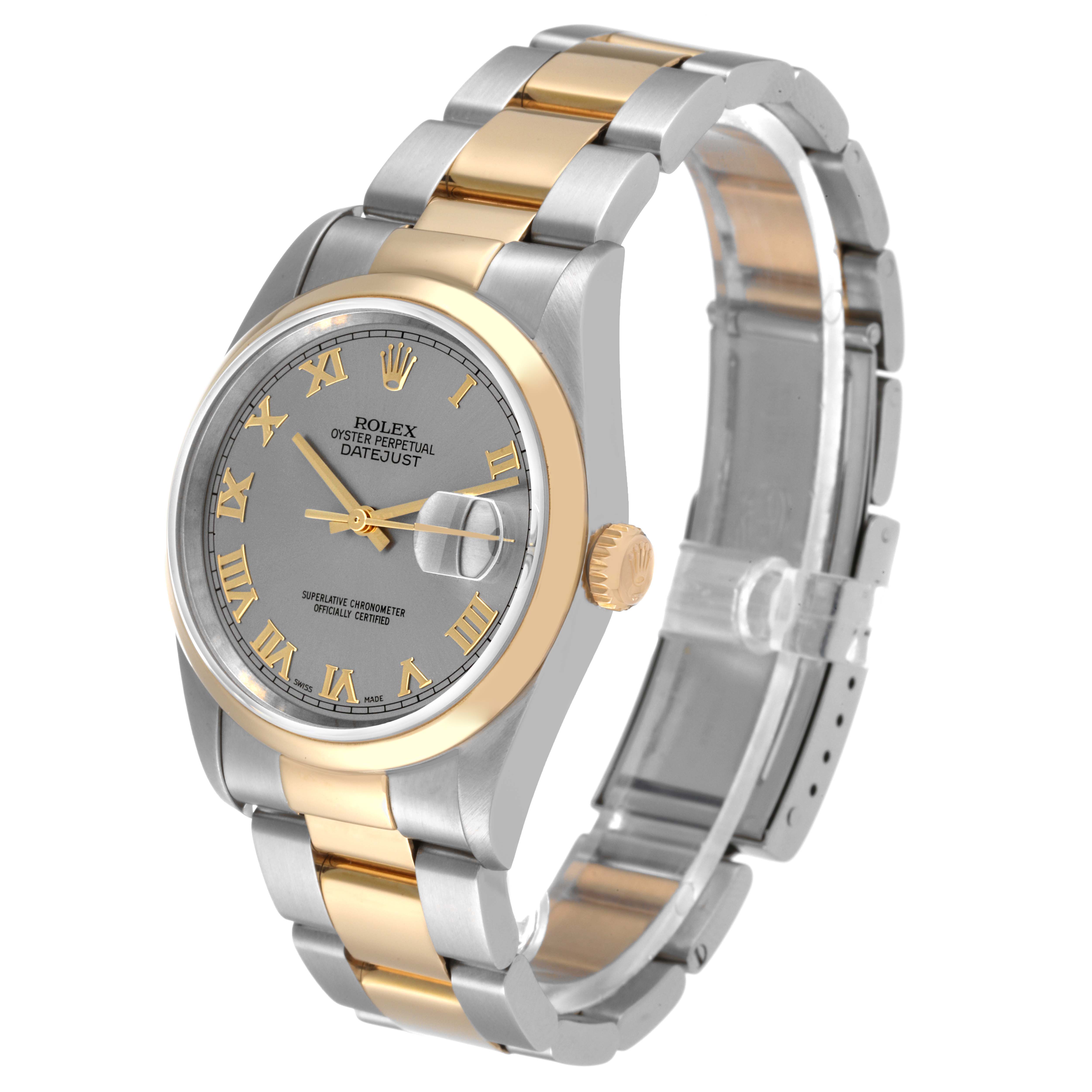 The Rolex Datejust 16203 Men's Steel and Gold (two tone) Grey Dial 16203 Men's Steel and Gold (two tone) Grey Dial watch is shown at a slight side angle, displaying its dial, bracelet, and crown.