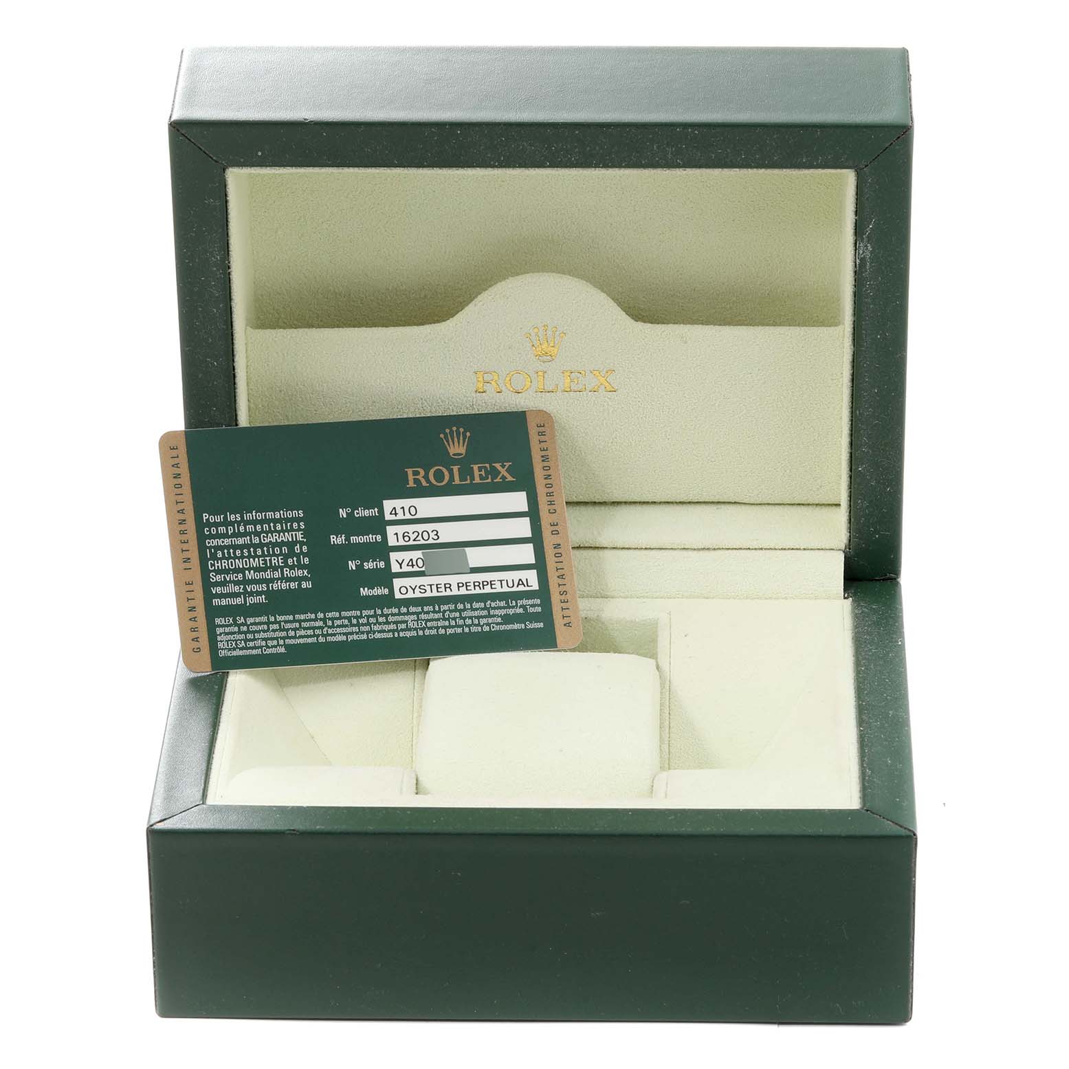 The image shows the open box and warranty card for a Rolex Datejust 16203 Men's Steel and Gold (two tone) Grey Dial 16203 Men's Steel and Gold (two tone) Grey Dial model watch, but the watch itself is not present.