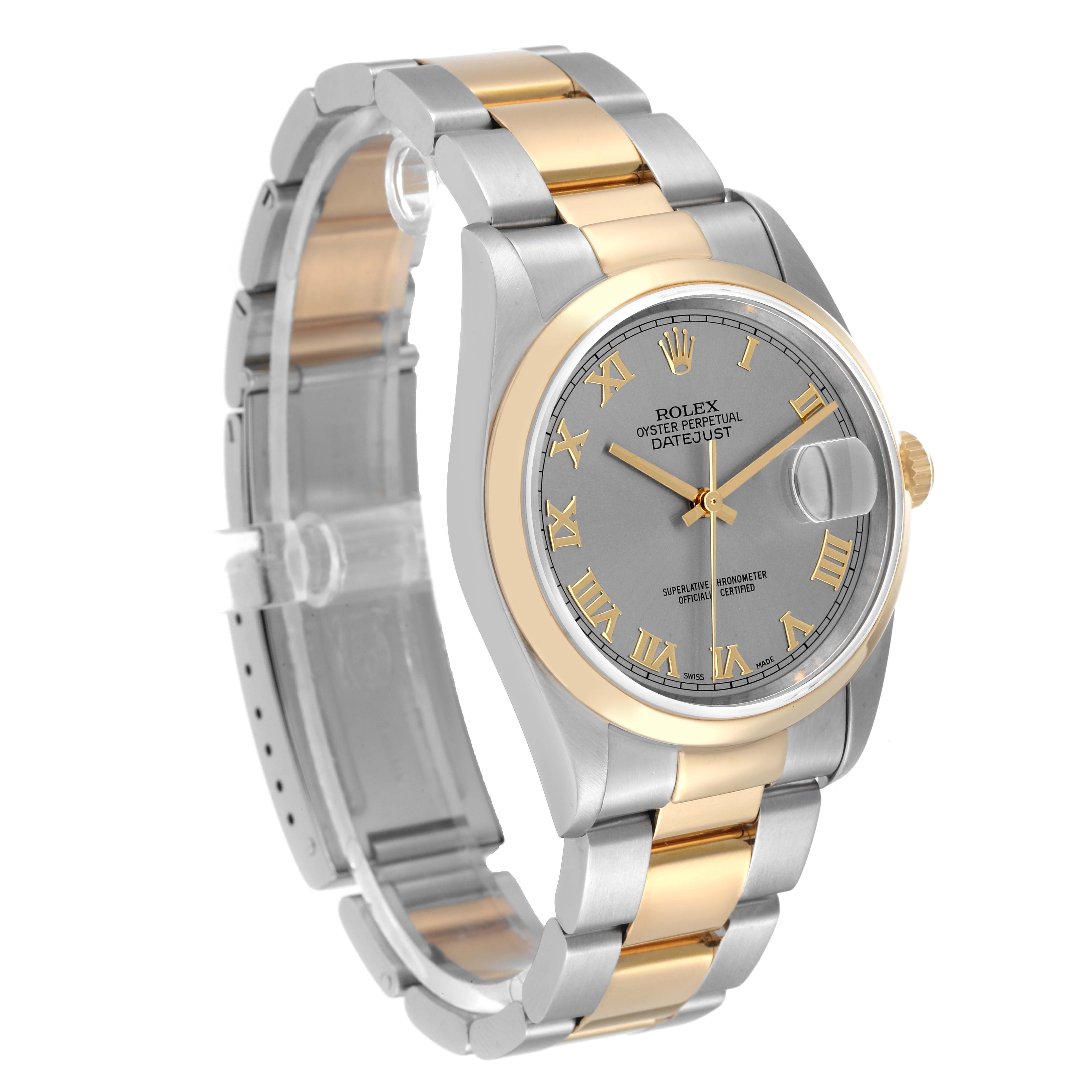 This image shows a Rolex Datejust 16203 Men's Steel and Gold (two tone) Grey Dial 16203 Men's Steel and Gold (two tone) Grey Dial watch at a three-quarter angle, displaying its face, bezel, crown, and two-tone bracelet.