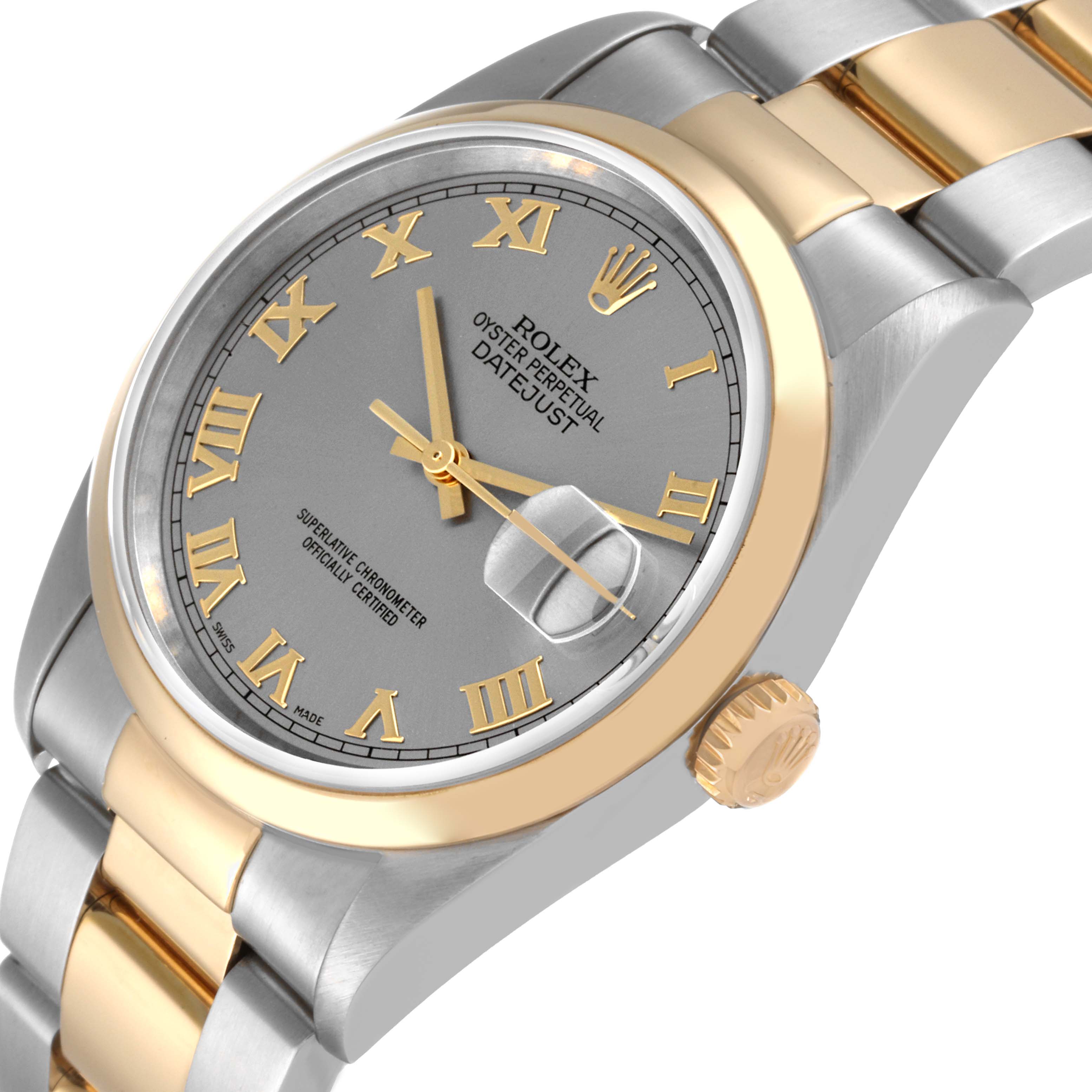 This image shows a close-up angled view of the Rolex Datejust 16203 Men's Steel and Gold (two tone) Grey Dial 16203 Men's Steel and Gold (two tone) Grey Dial watch, highlighting the face, crown, and part of the bracelet.