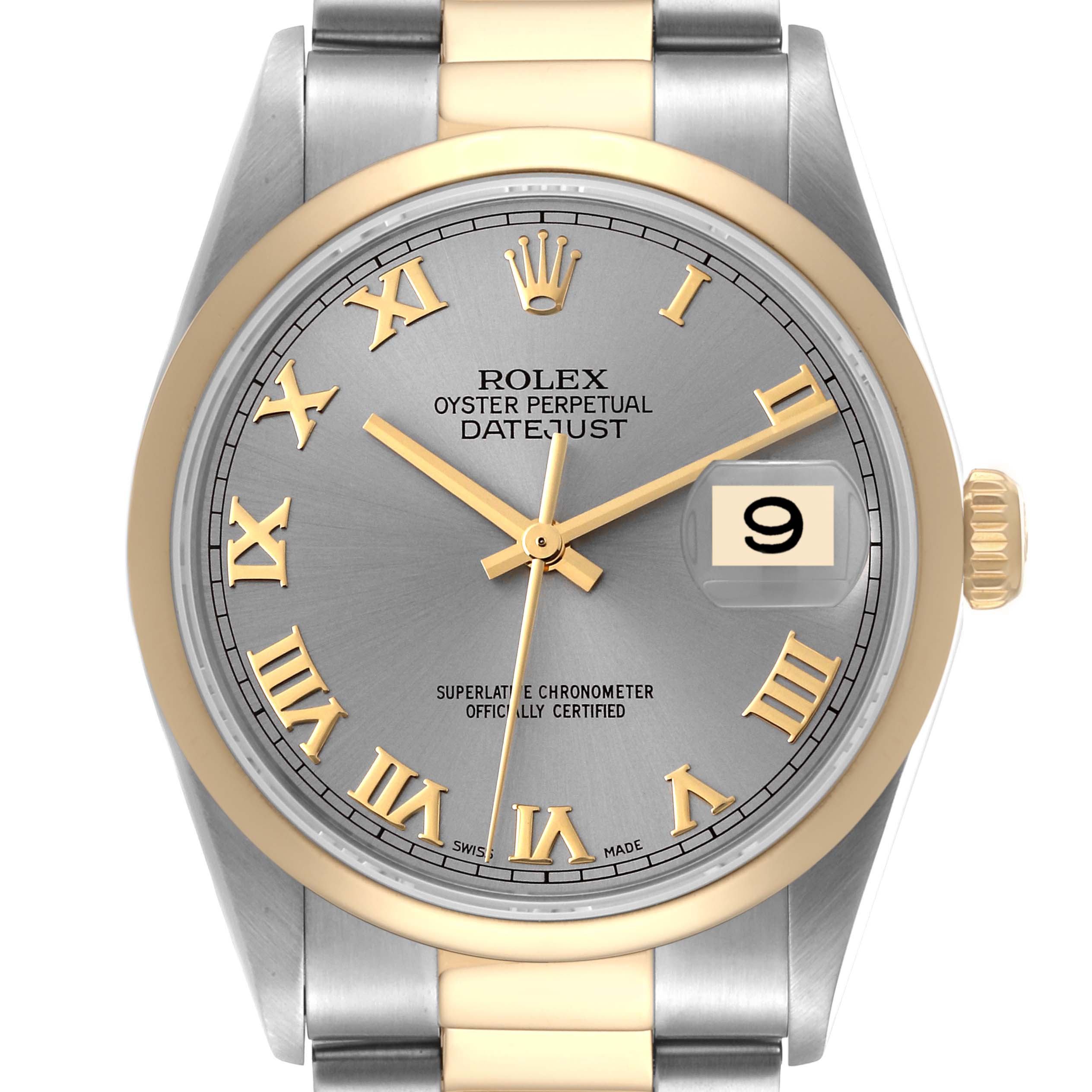 This image shows the Rolex Datejust 16203 Men's Steel and Gold (two tone) Grey Dial 16203 Men's Steel and Gold (two tone) Grey Dial watch from the front, including the bezel, dial, hands, crown, and part of the bracelet.