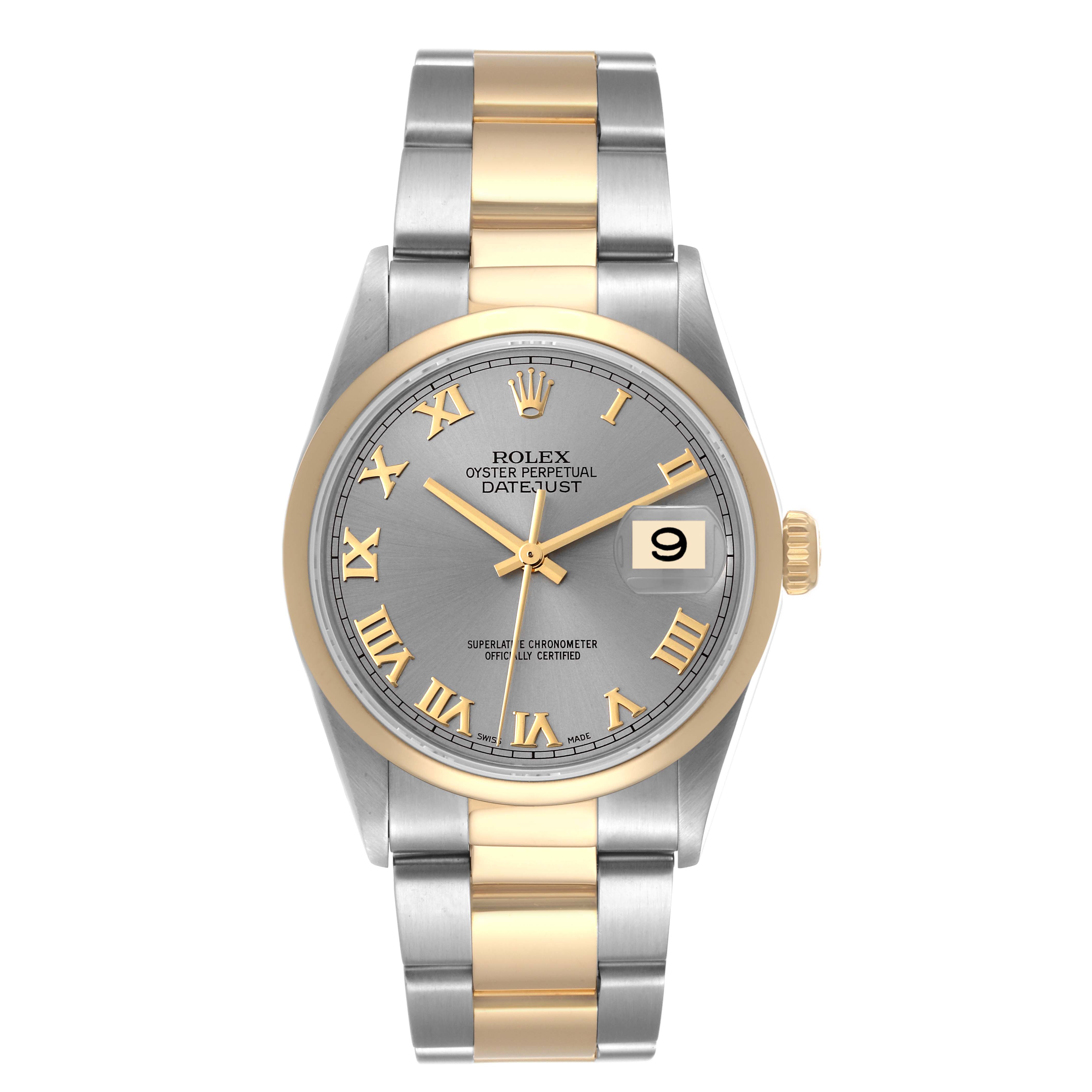 The image shows a front view of a Rolex Datejust 16203 Men's Steel and Gold (two tone) Grey Dial 16203 Men's Steel and Gold (two tone) Grey Dial watch, highlighting its face, bezel, and bracelet.