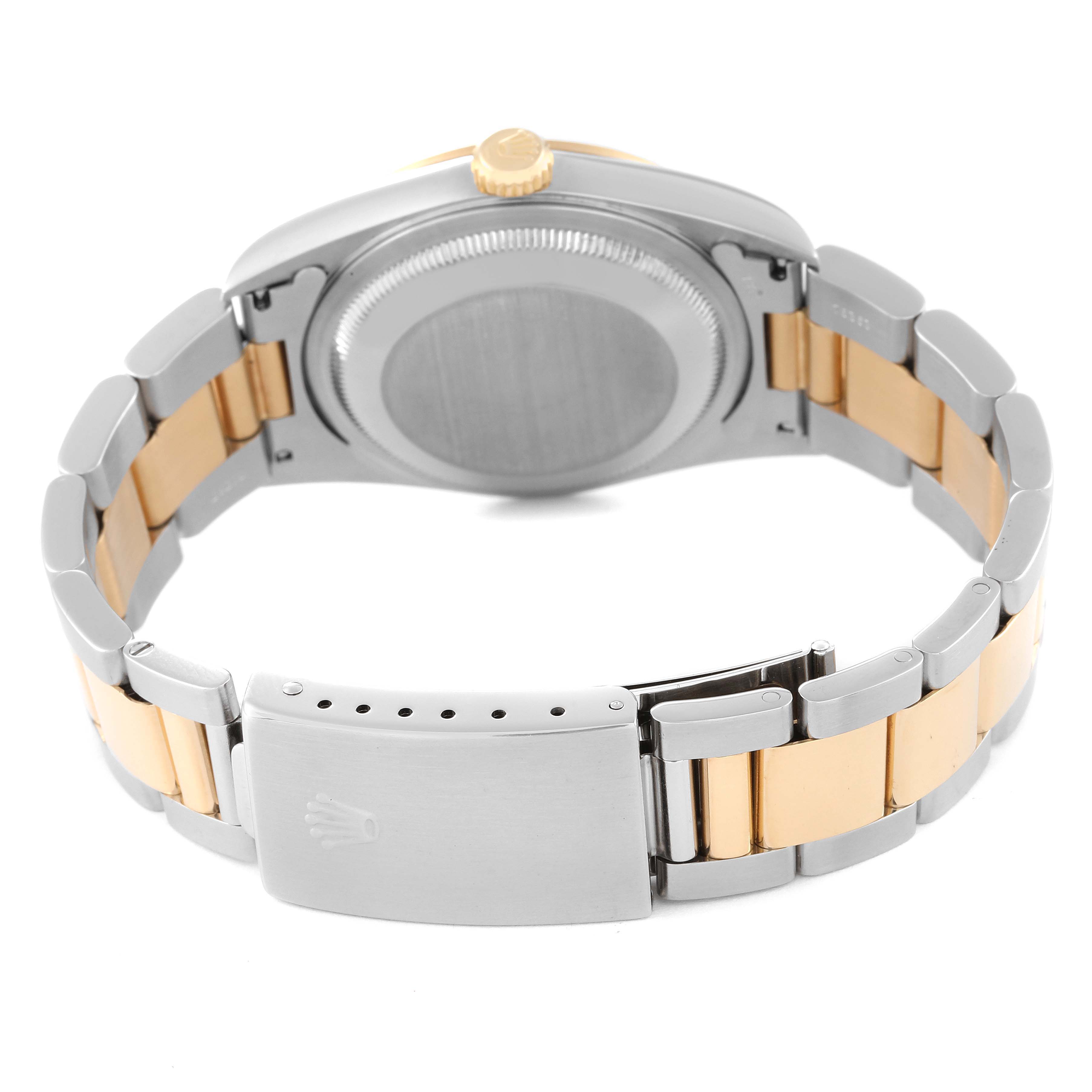 This image shows the back angle of the Rolex Datejust 16203 Men's Steel and Gold (two tone) Grey Dial 16203 Men's Steel and Gold (two tone) Grey Dial watch, highlighting its case back, crown, and two-tone bracelet.