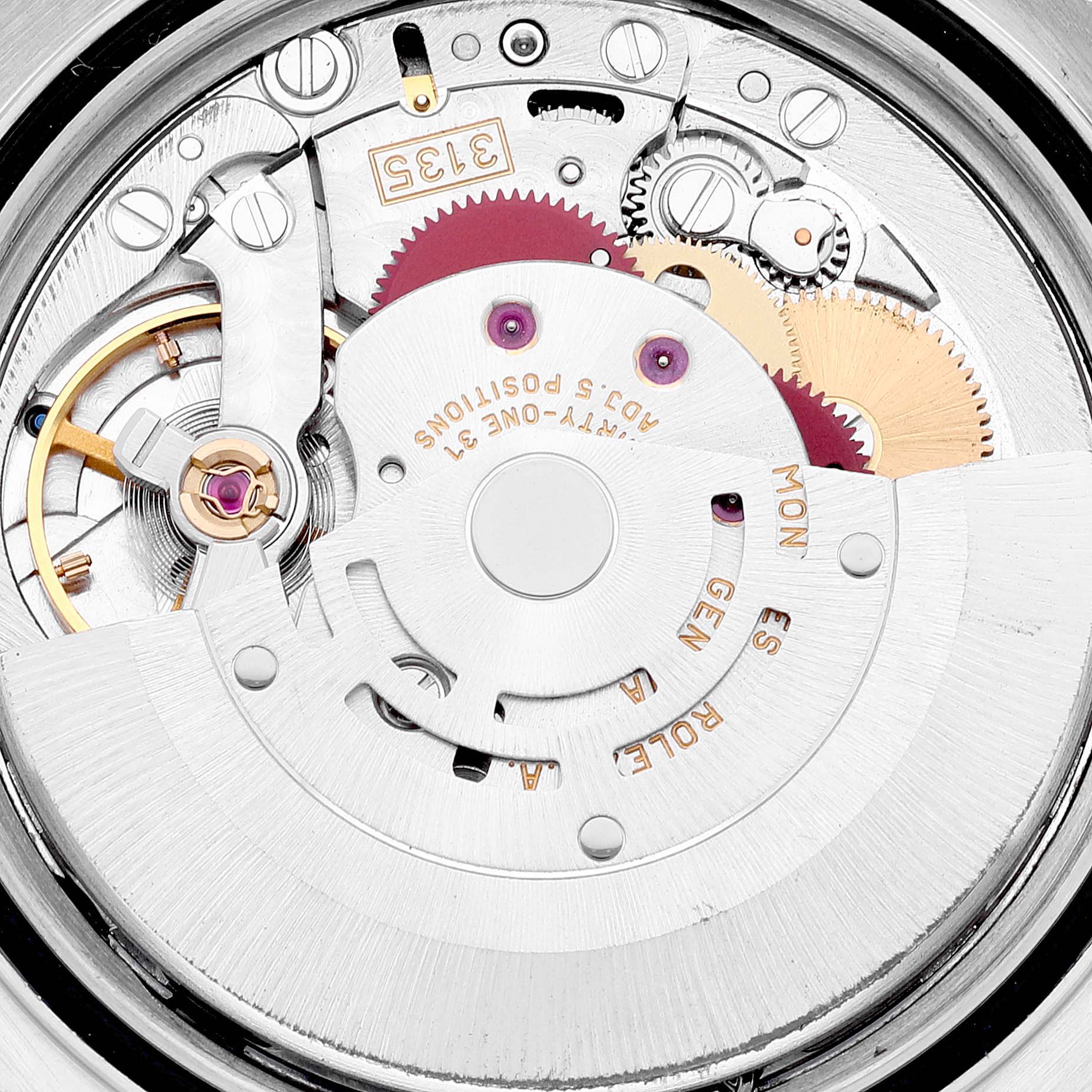 The image shows a close-up of the movement parts of a Rolex Datejust 16203 Men's Steel and Gold (two tone) Grey Dial 16203 Men's Steel and Gold (two tone) Grey Dial watch, focusing on the intricate gears and mechanisms.