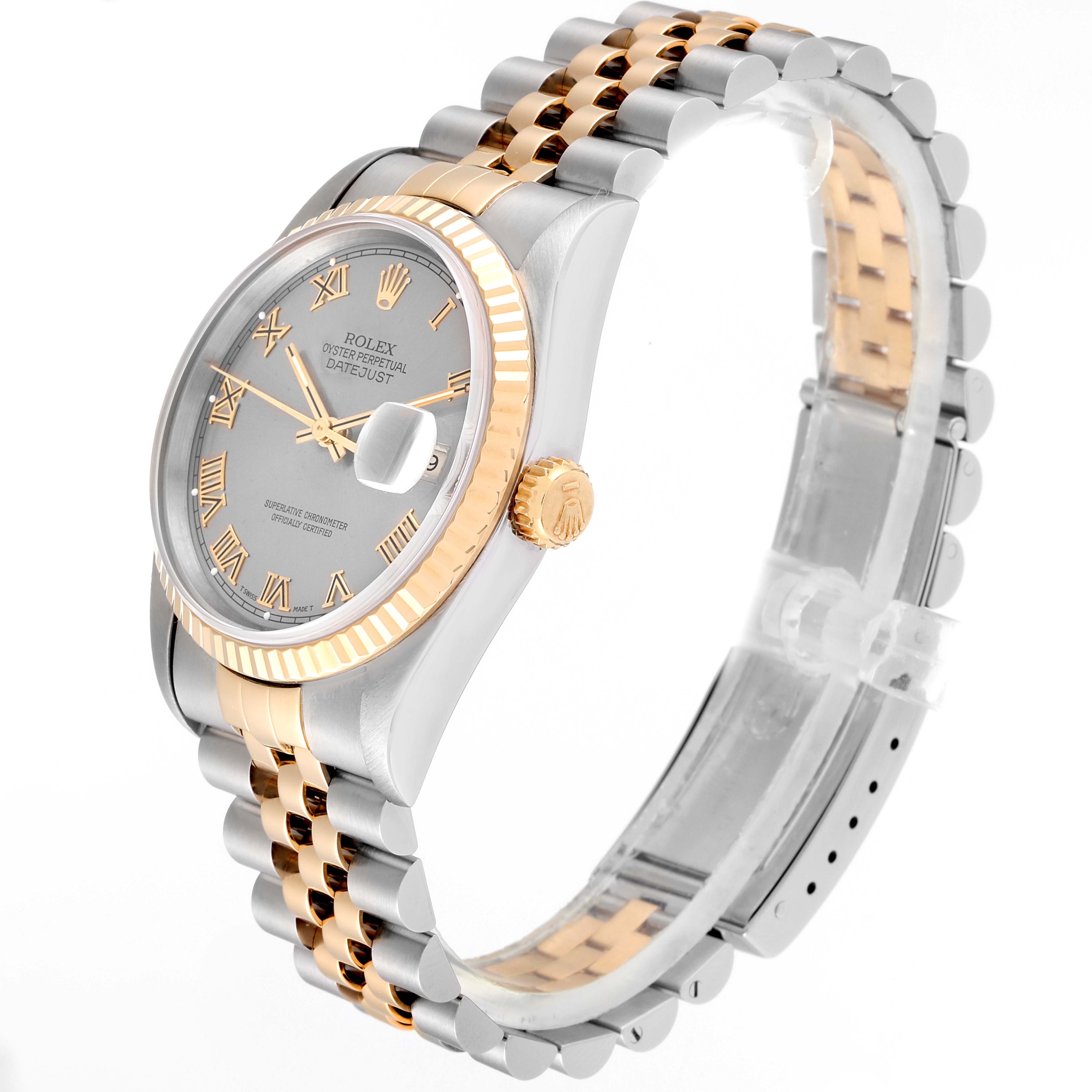 This image shows a side-angle view of a Rolex Datejust 16233 Men
s Steel and Gold (two tone) Grey Dial 16233 Men
s Steel and Gold (two tone) Grey Dial watch, highlighting the dial, bezel, crown, and bracelet.