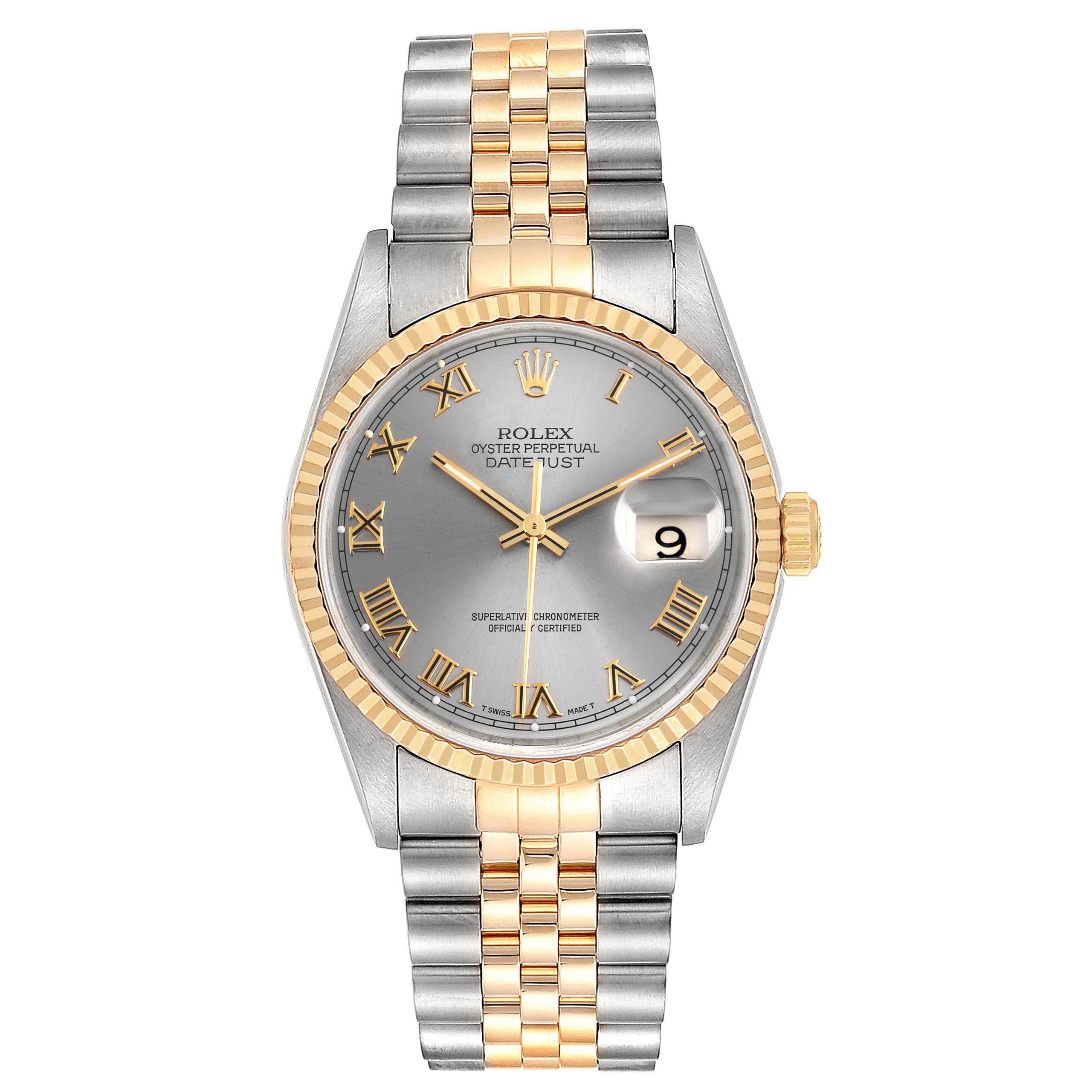 The image shows a frontal view of a Rolex Datejust 16233 Men
s Steel and Gold (two tone) Grey Dial 16233 Men
s Steel and Gold (two tone) Grey Dial watch, displaying its dial, fluted bezel, and Jubilee bracelet.