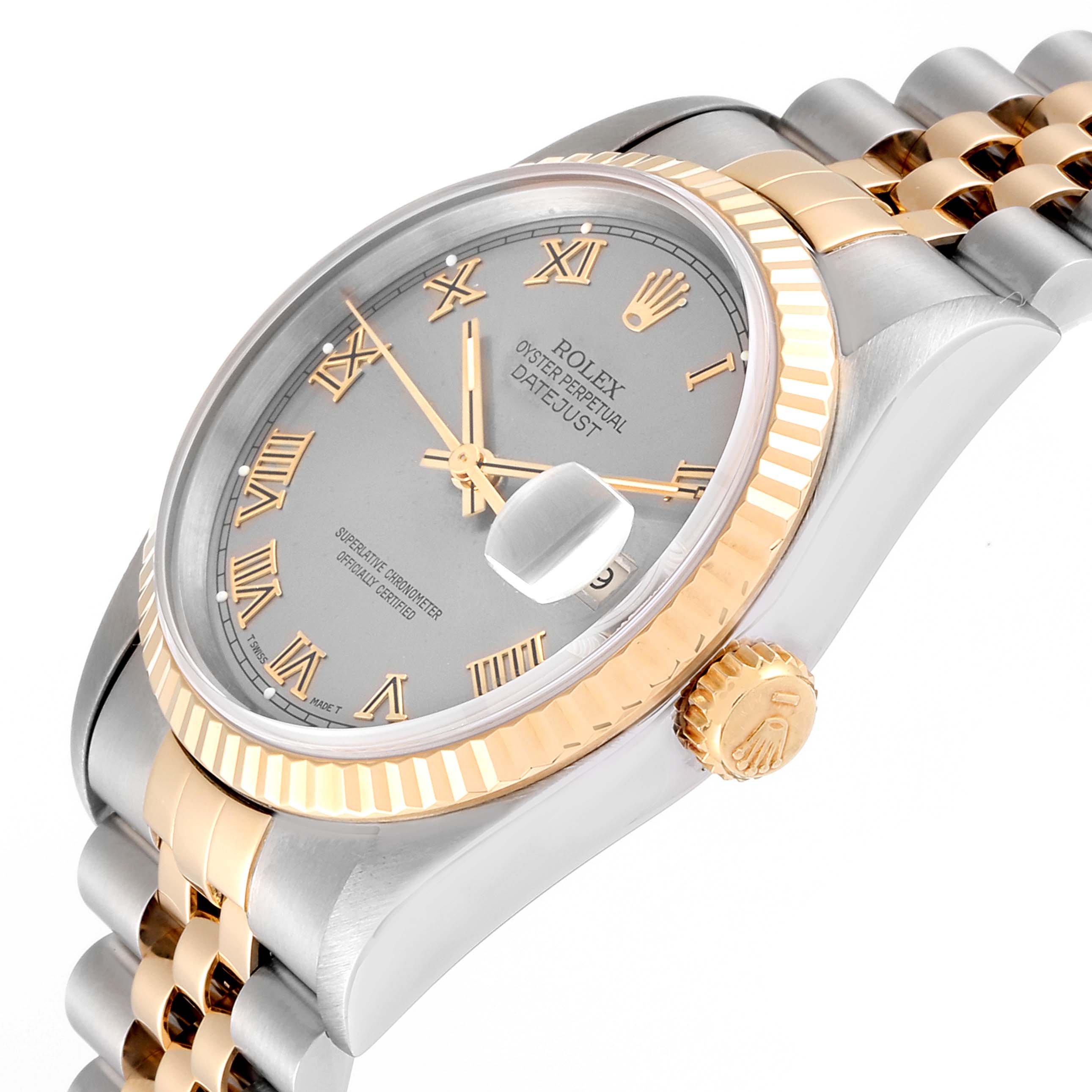 This Rolex Datejust 16233 Men
s Steel and Gold (two tone) Grey Dial 16233 Men
s Steel and Gold (two tone) Grey Dial watch is shown from an oblique angle, highlighting the dial, bezel, crown, and bracelet.