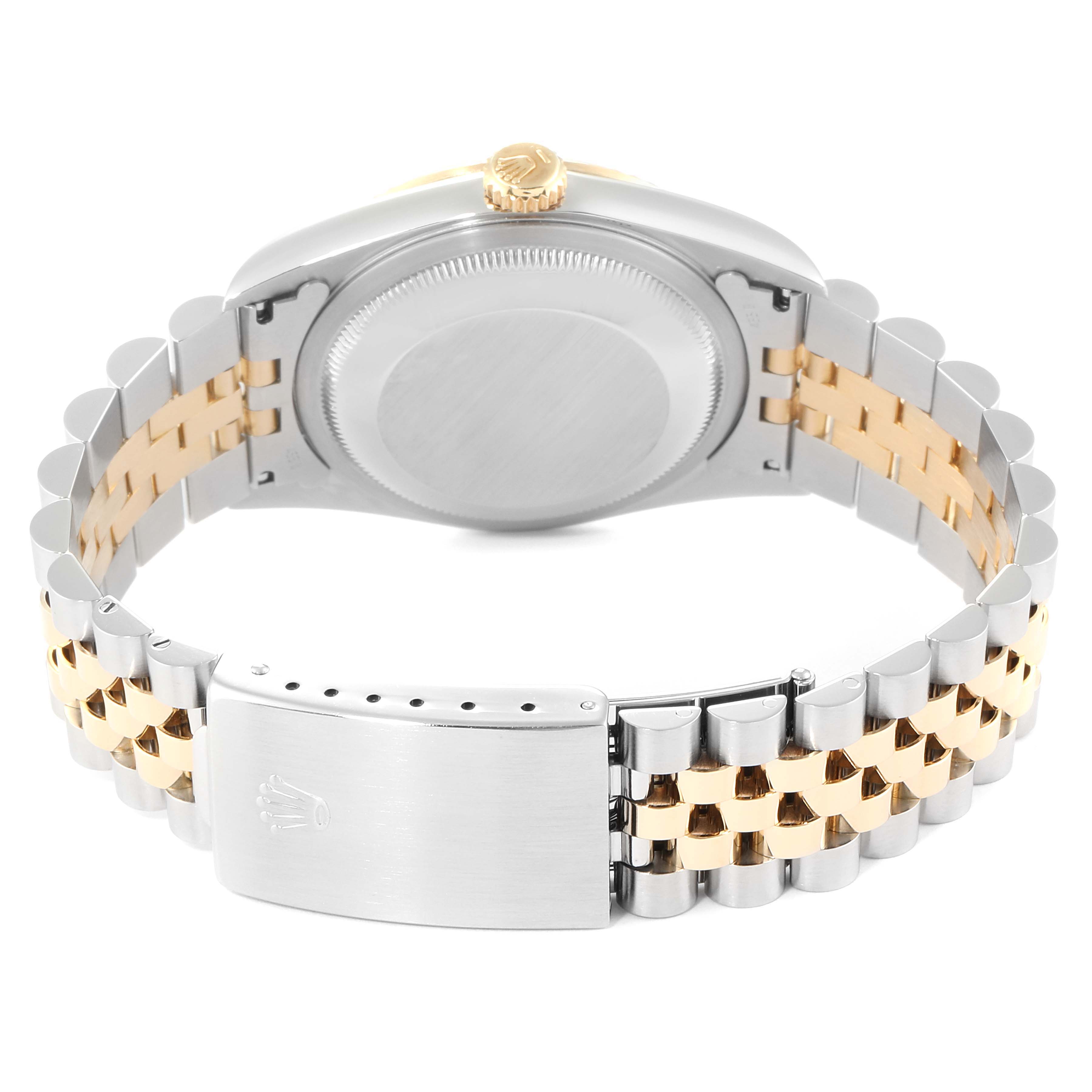 This image shows the back view of a Rolex Datejust 16233 Men
s Steel and Gold (two tone) Grey Dial 16233 Men
s Steel and Gold (two tone) Grey Dial watch, highlighting the case back and two-tone bracelet with the clasp displaying the Rolex logo.