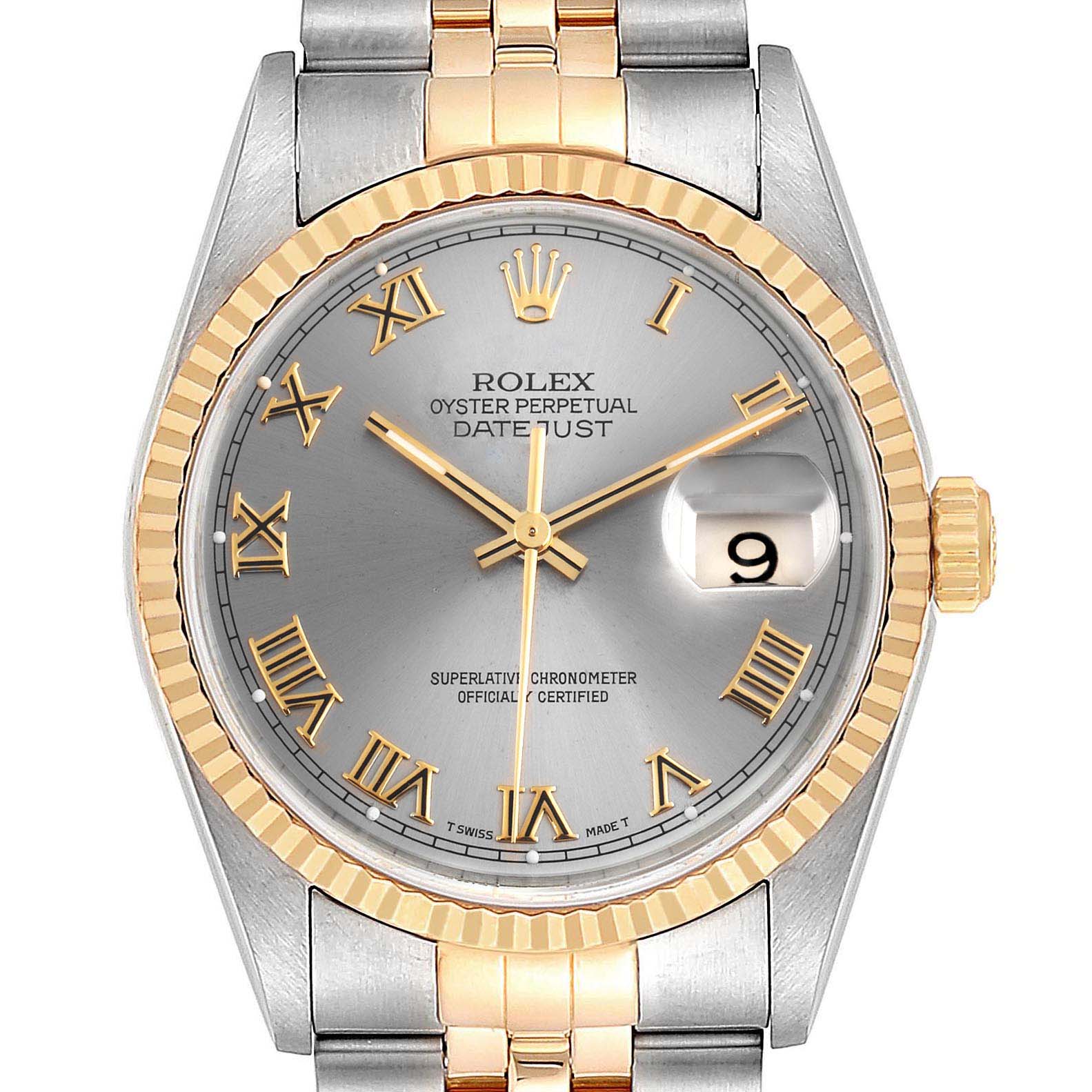 This image shows a frontal view of a Rolex Datejust 16233 Men
s Steel and Gold (two tone) Grey Dial 16233 Men
s Steel and Gold (two tone) Grey Dial watch, highlighting the bezel, dial, crown, and part of the bracelet.