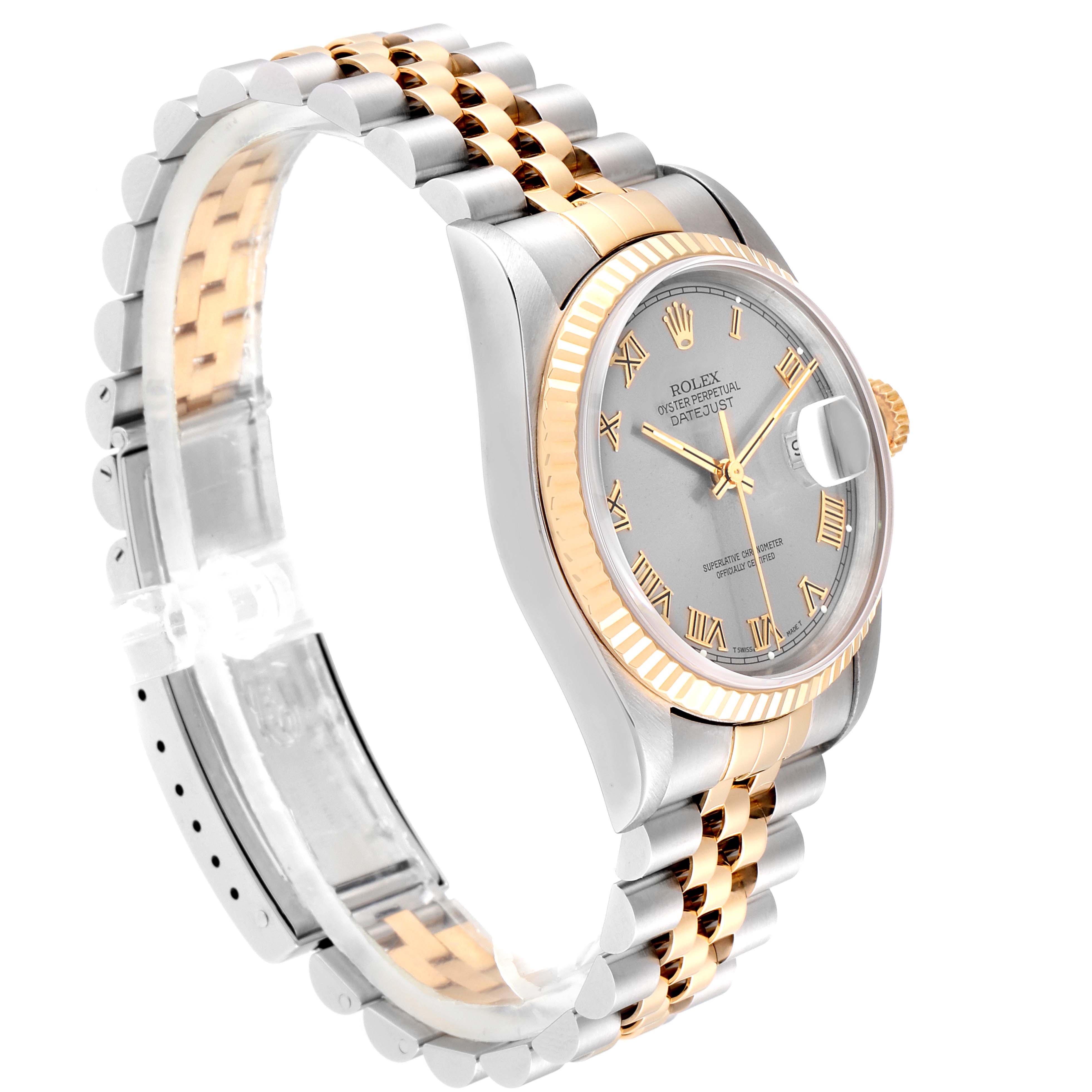 This image shows a Rolex Datejust 16233 Men
s Steel and Gold (two tone) Grey Dial 16233 Men
s Steel and Gold (two tone) Grey Dial watch at a three-quarter angle, highlighting the dial, bezel, and bracelet.