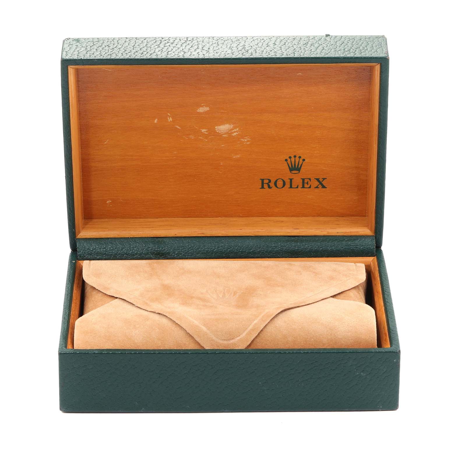 The image shows an open Rolex box with a beige pouch for the Datejust model, displaying the brand
s logo inside the lid.