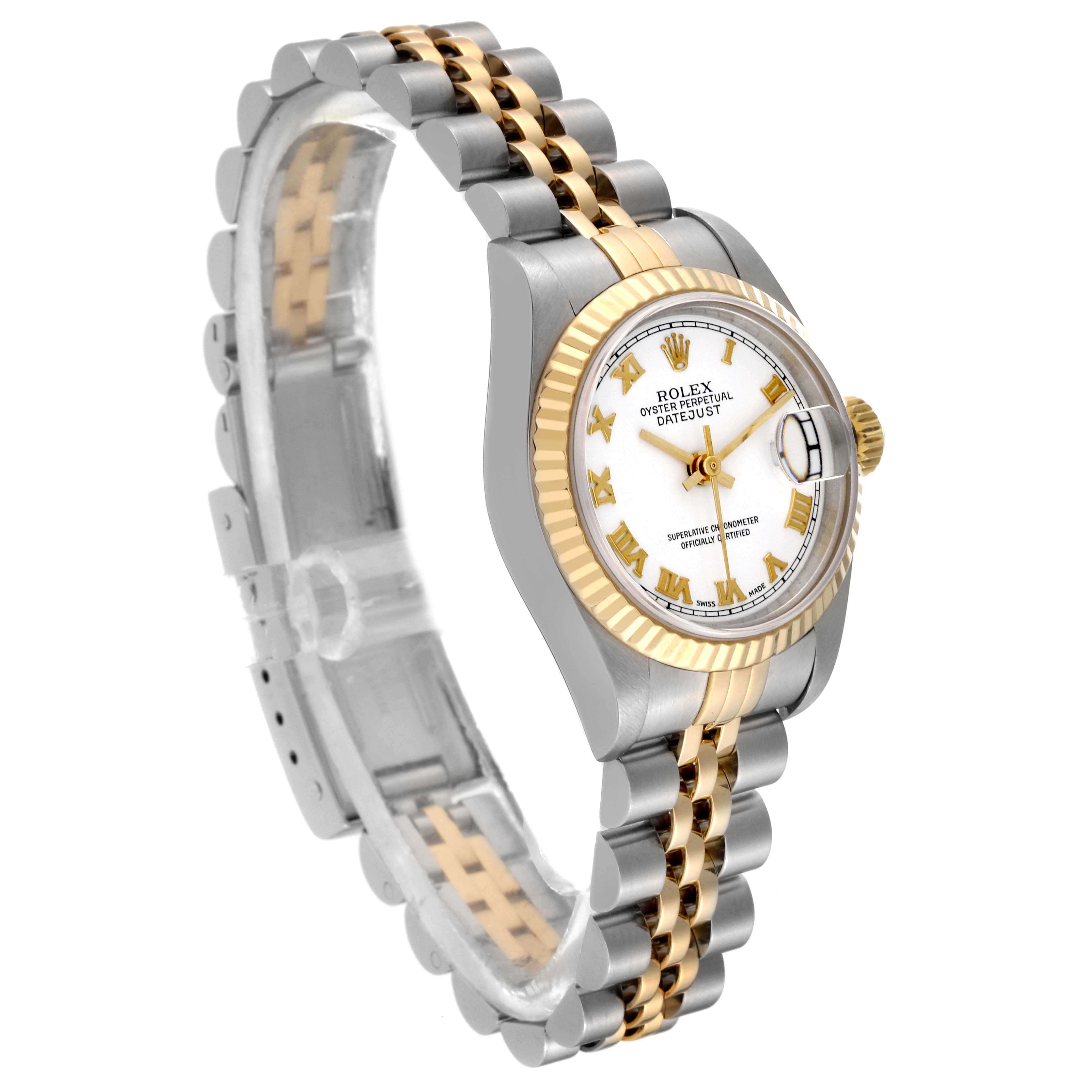 The image shows a Rolex Datejust 79173 Women's Steel and Gold (two tone) White Dial 79173 Women's Steel and Gold (two tone) White Dial watch at a three-quarter angle, highlighting its two-tone bracelet, bezel, and dial.