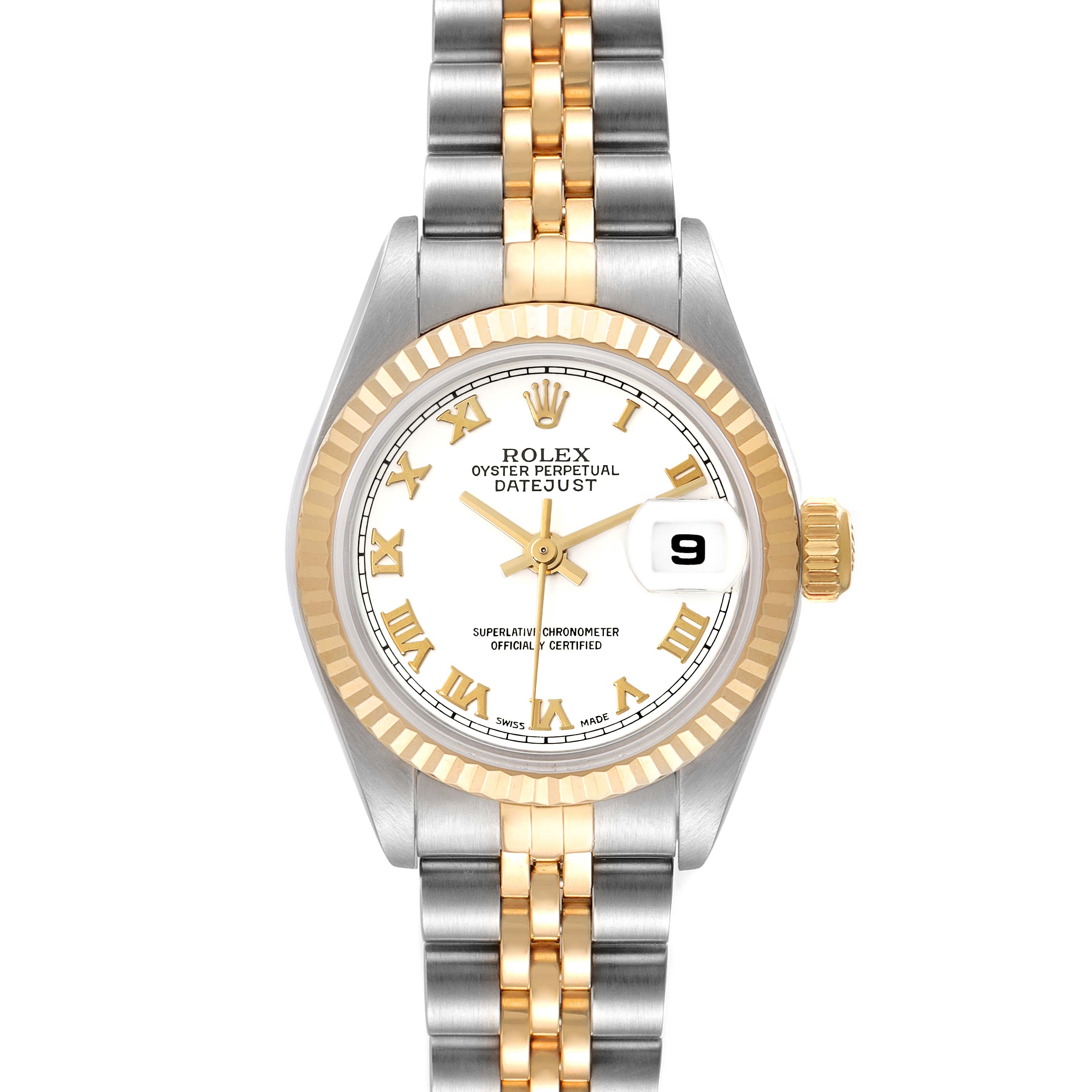 The image shows a Rolex Datejust 79173 Women's Steel and Gold (two tone) White Dial 79173 Women's Steel and Gold (two tone) White Dial watch from a front angle, featuring its face, bezel, crown, and jubilee bracelet.