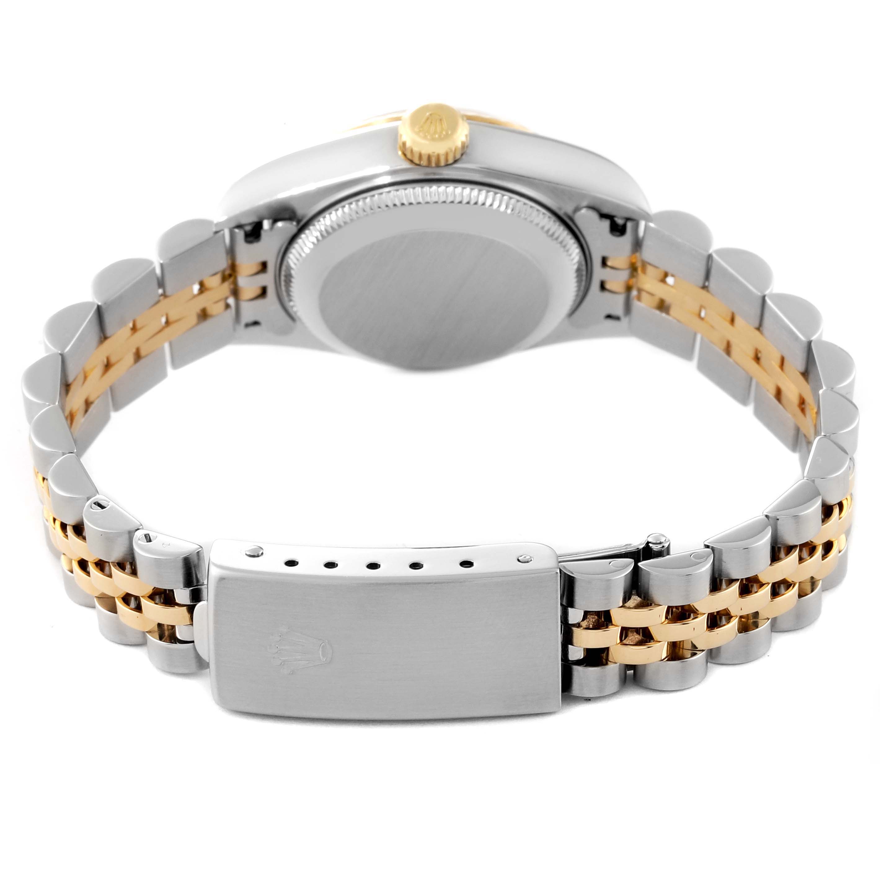 This image shows the back and clasp of the Rolex Datejust 79173 Women's Steel and Gold (two tone) White Dial 79173 Women's Steel and Gold (two tone) White Dial, highlighting its two-tone metal bracelet and the watch's closed case back.