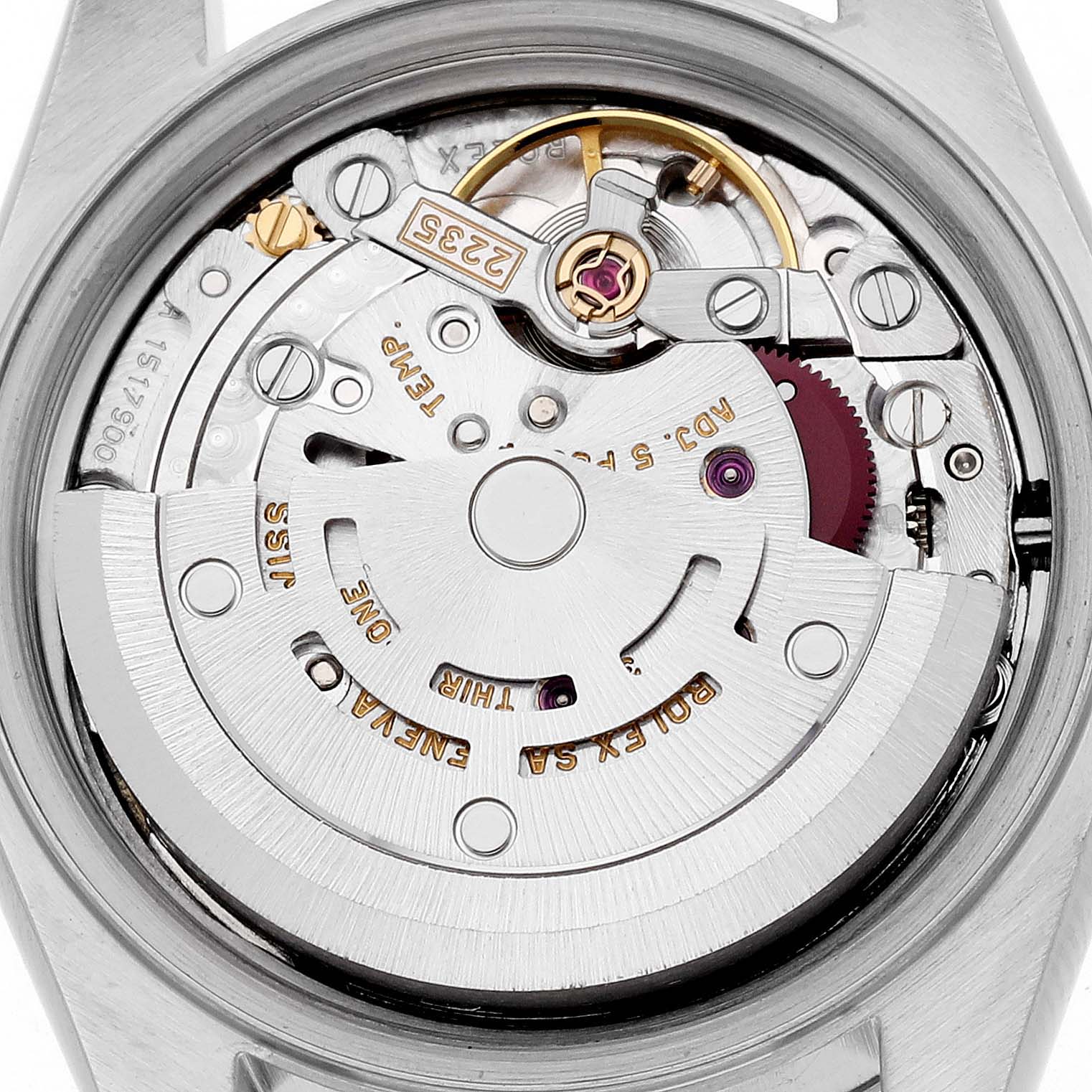 This image shows a close-up of the movement mechanism from the back of a Rolex Datejust 79173 Women's Steel and Gold (two tone) White Dial 79173 Women's Steel and Gold (two tone) White Dial watch.