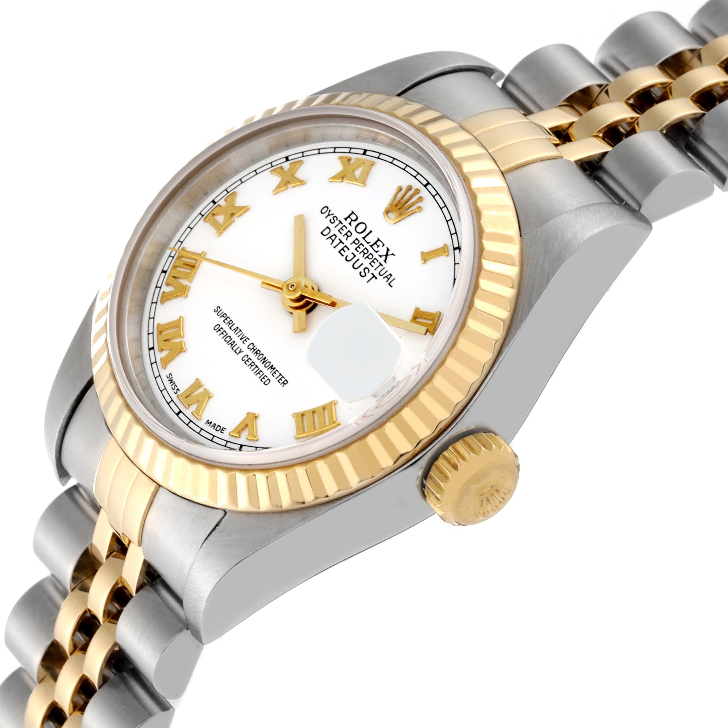 The image shows a close-up angled view of a Rolex Datejust 79173 Women's Steel and Gold (two tone) White Dial 79173 Women's Steel and Gold (two tone) White Dial watch, highlighting the face, bezel, and part of the bracelet.
