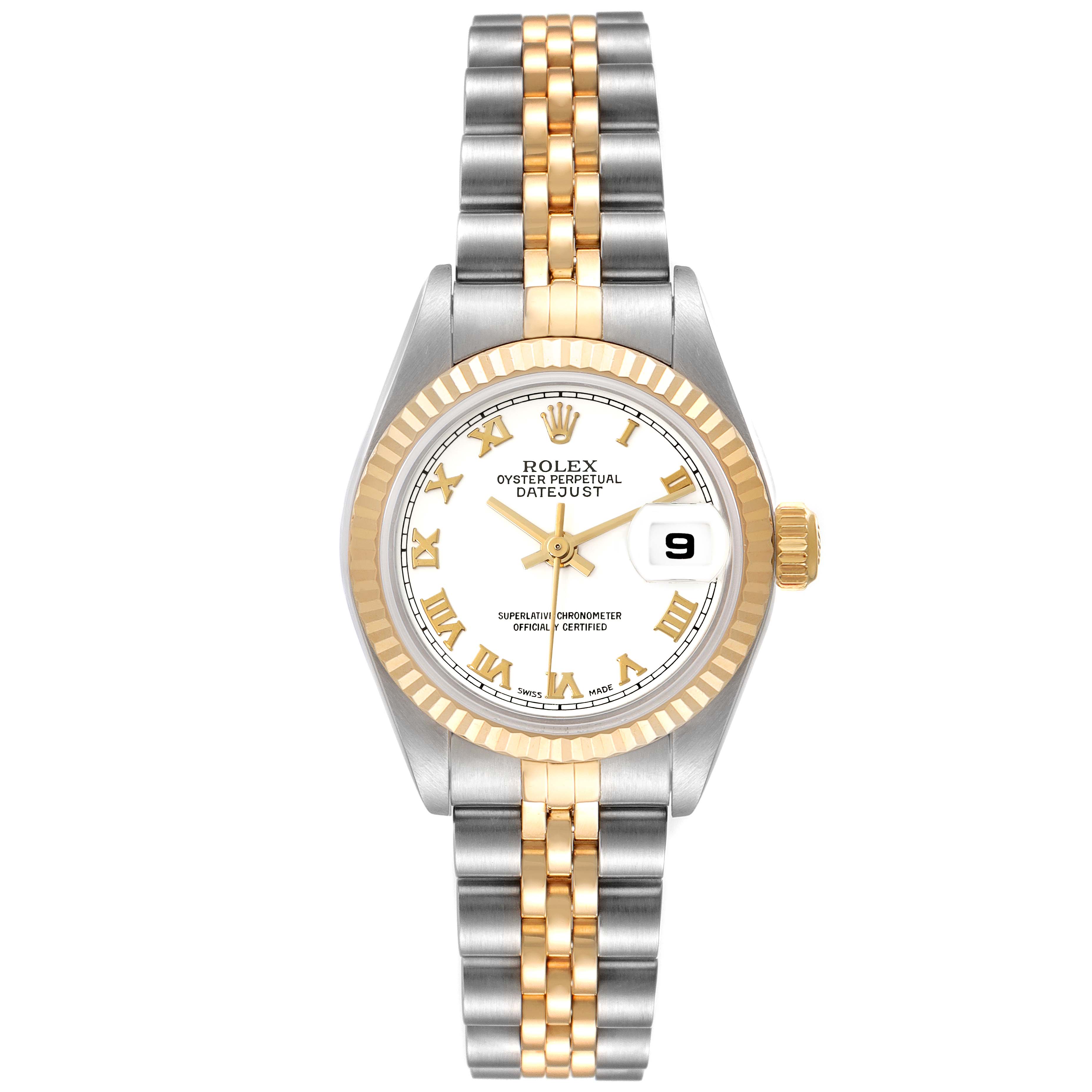This image shows a front view of a Rolex Datejust 79173 Women's Steel and Gold (two tone) White Dial 79173 Women's Steel and Gold (two tone) White Dial watch, displaying the dial, bezel, case, and two-tone bracelet.