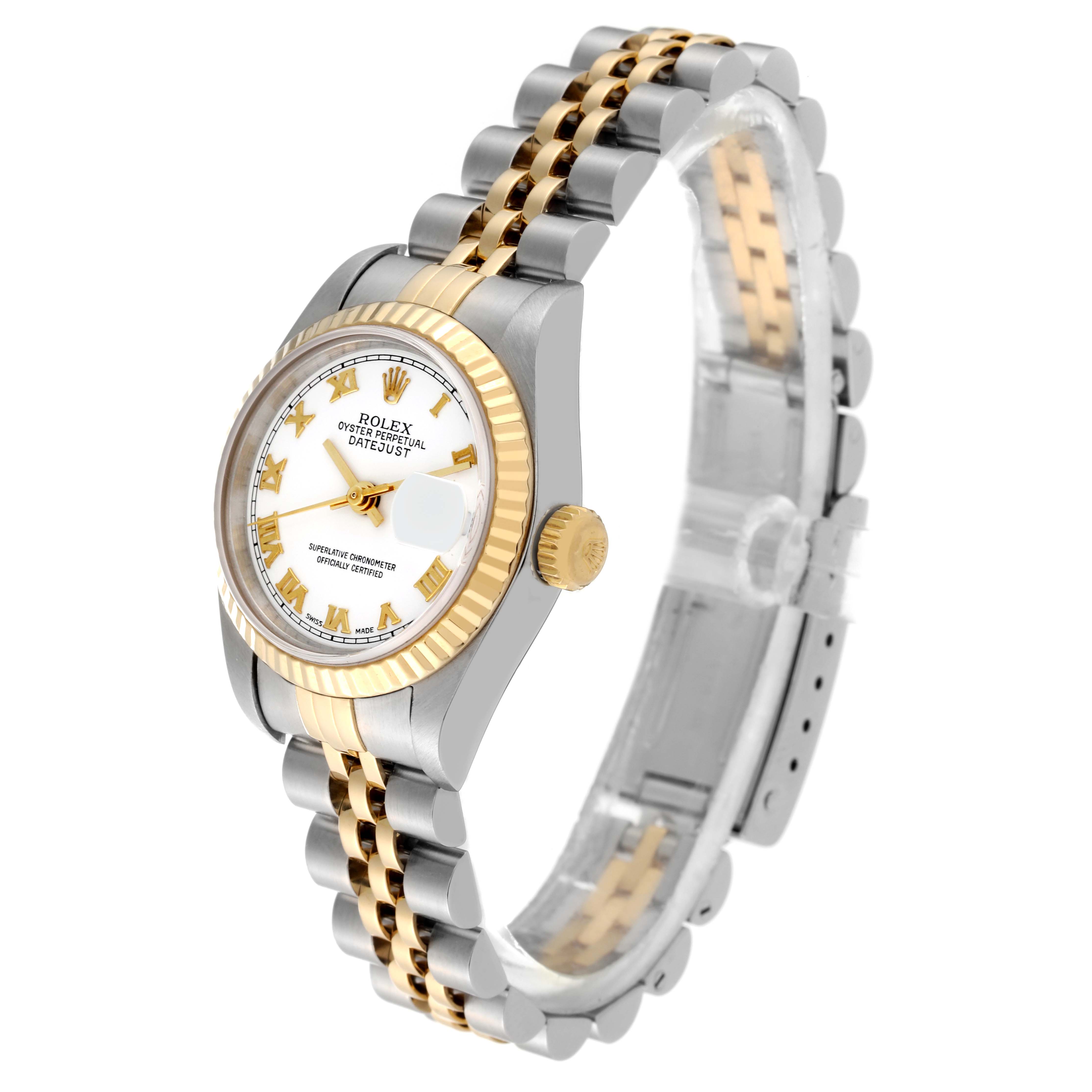 The image shows a side angle of the Rolex Datejust 79173 Women's Steel and Gold (two tone) White Dial 79173 Women's Steel and Gold (two tone) White Dial watch, featuring a white dial, gold bezel, and a two-tone metal bracelet.