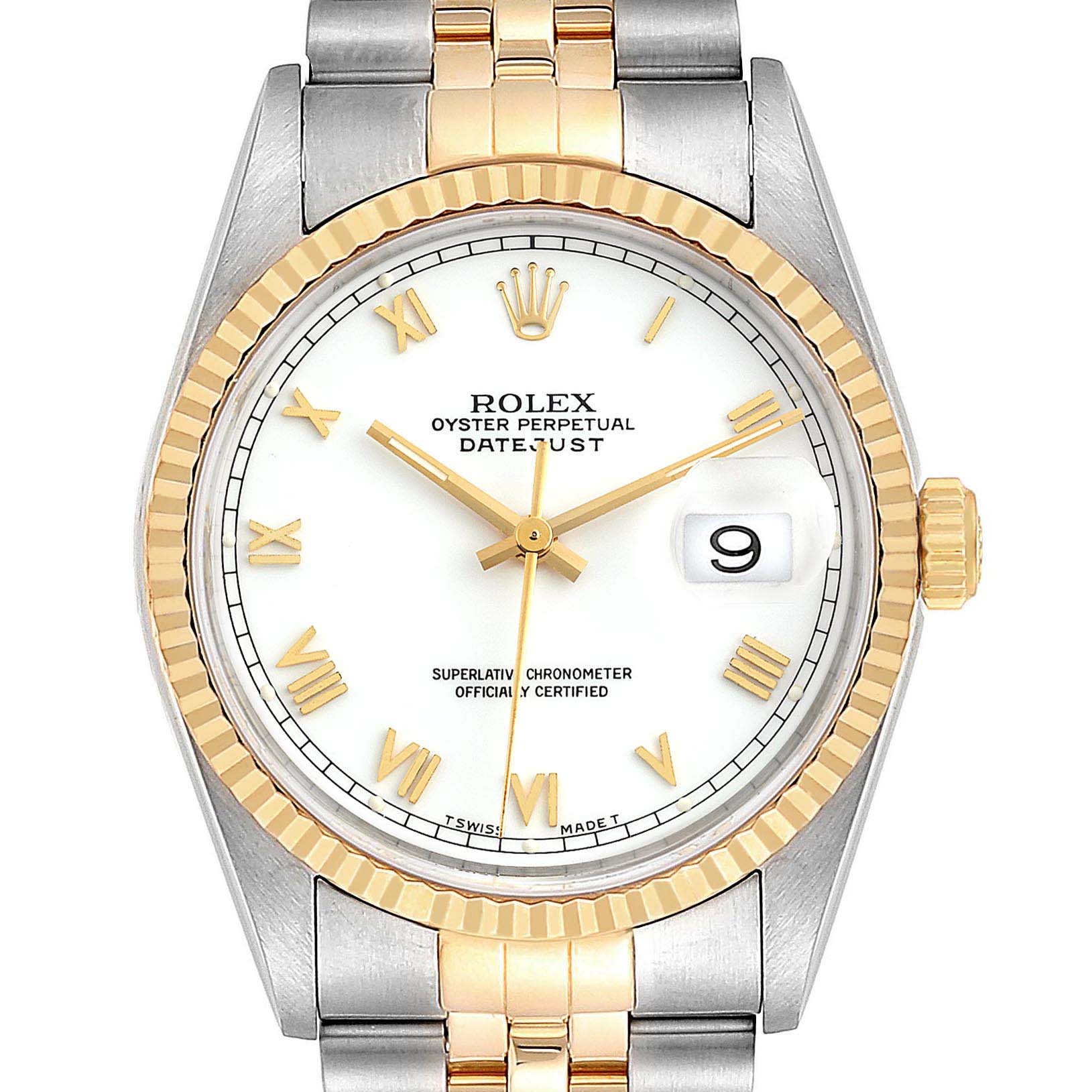 This image shows a front-facing view of the Rolex Datejust 16233 Men
s Steel and Gold (two tone) White Dial 16233 Men
s Steel and Gold (two tone) White Dial watch, highlighting its dial, bezel, hands, and bracelet.
