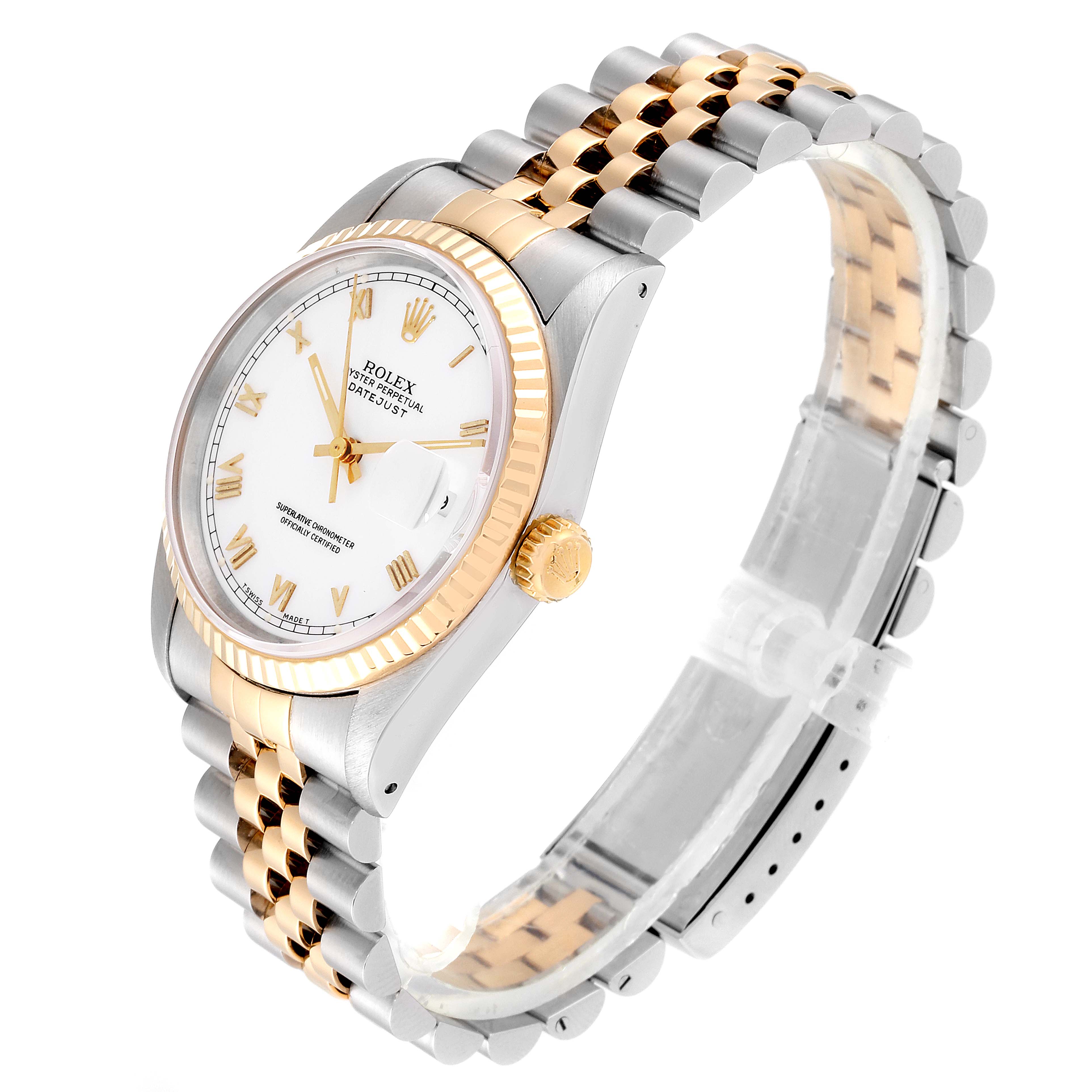 The image shows a Rolex Datejust 16233 Men
s Steel and Gold (two tone) White Dial 16233 Men
s Steel and Gold (two tone) White Dial watch at a three-quarter angle, highlighting its dial, bezel, crown, and bracelet.