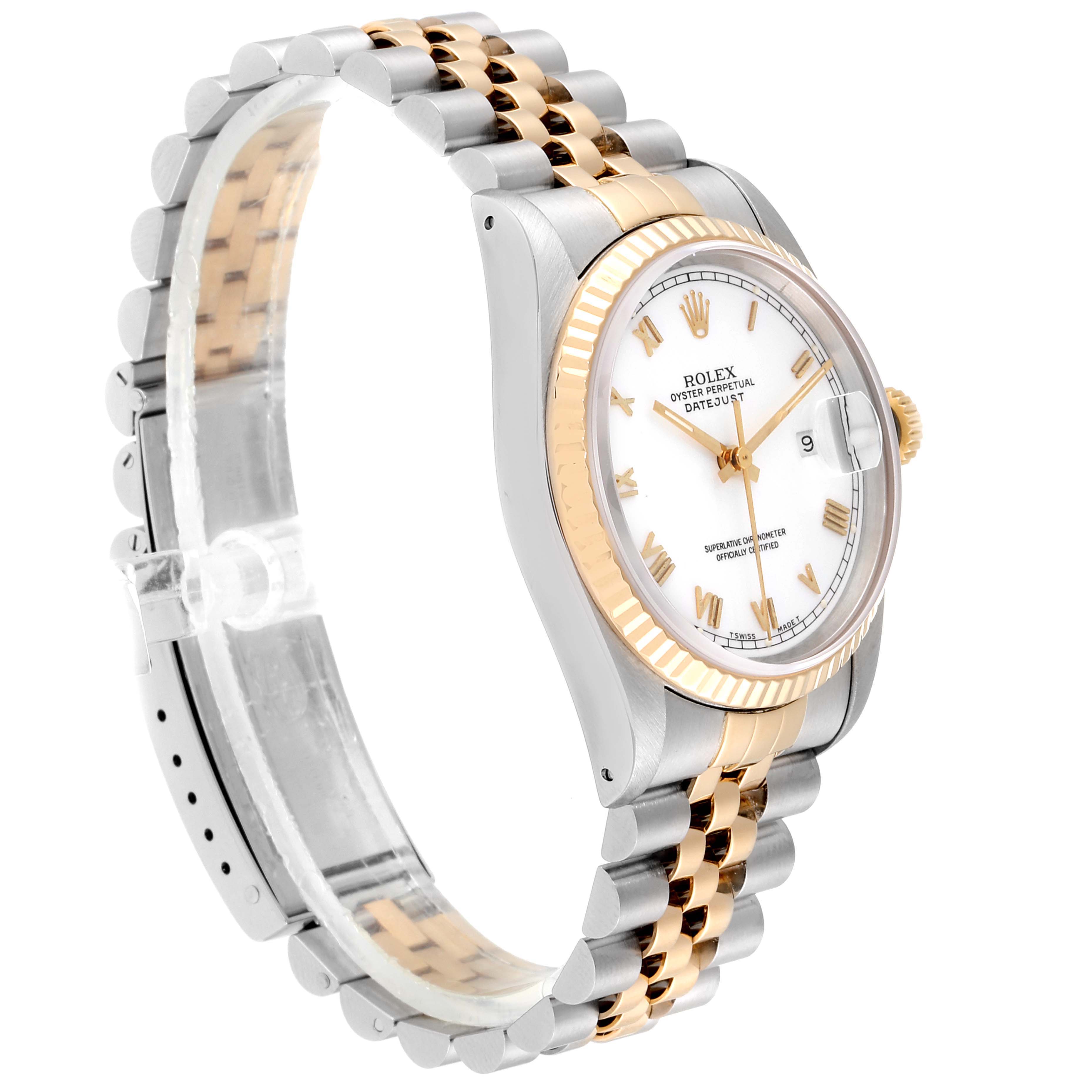 The image shows a Rolex Datejust 16233 Men
s Steel and Gold (two tone) White Dial 16233 Men
s Steel and Gold (two tone) White Dial watch at a slight side angle, focusing on the dial, bezel, and two-tone bracelet.