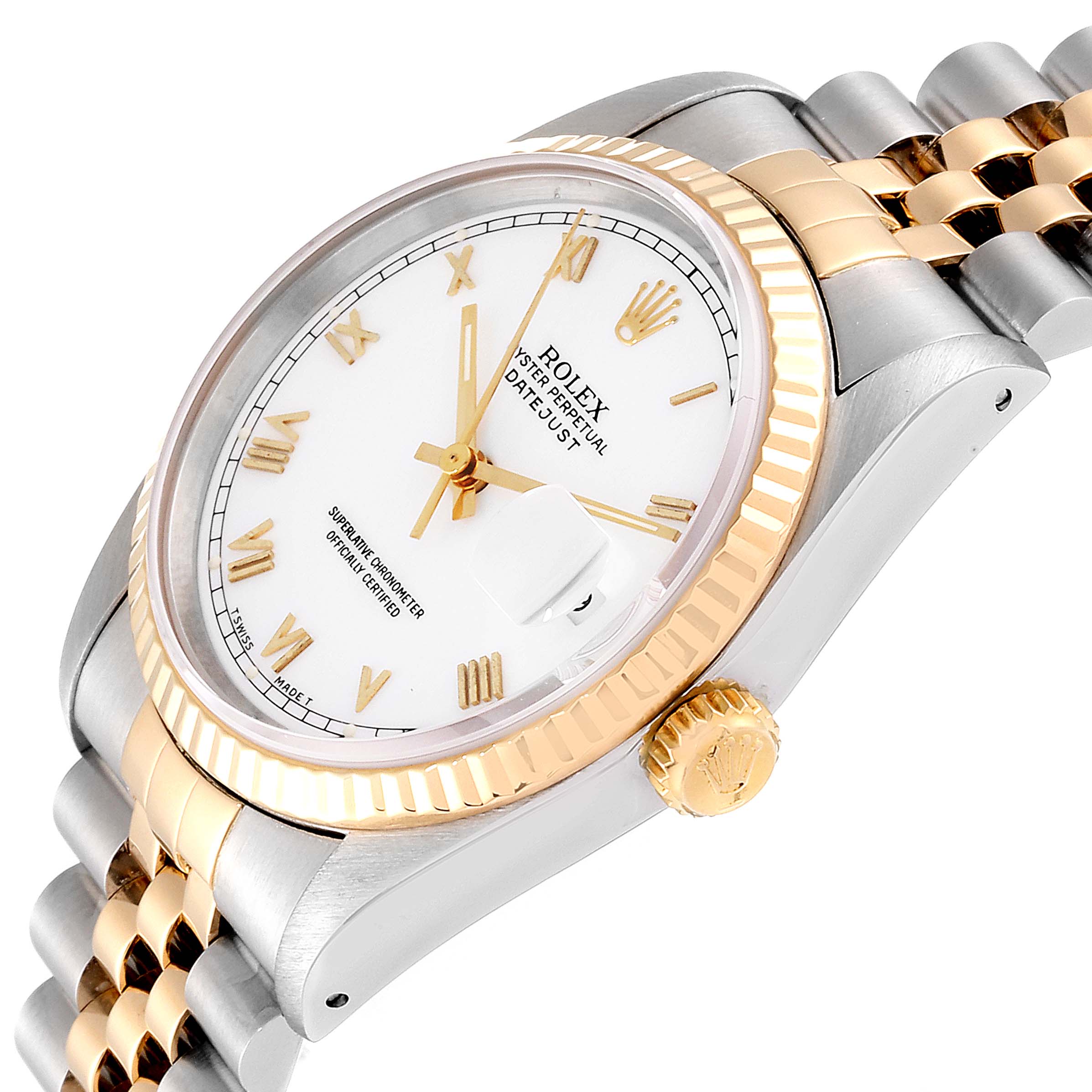The image shows a close-up, angled view of a Rolex Datejust 16233 Men
s Steel and Gold (two tone) White Dial 16233 Men
s Steel and Gold (two tone) White Dial watch, featuring the dial, bezel, crown, and part of the bracelet.