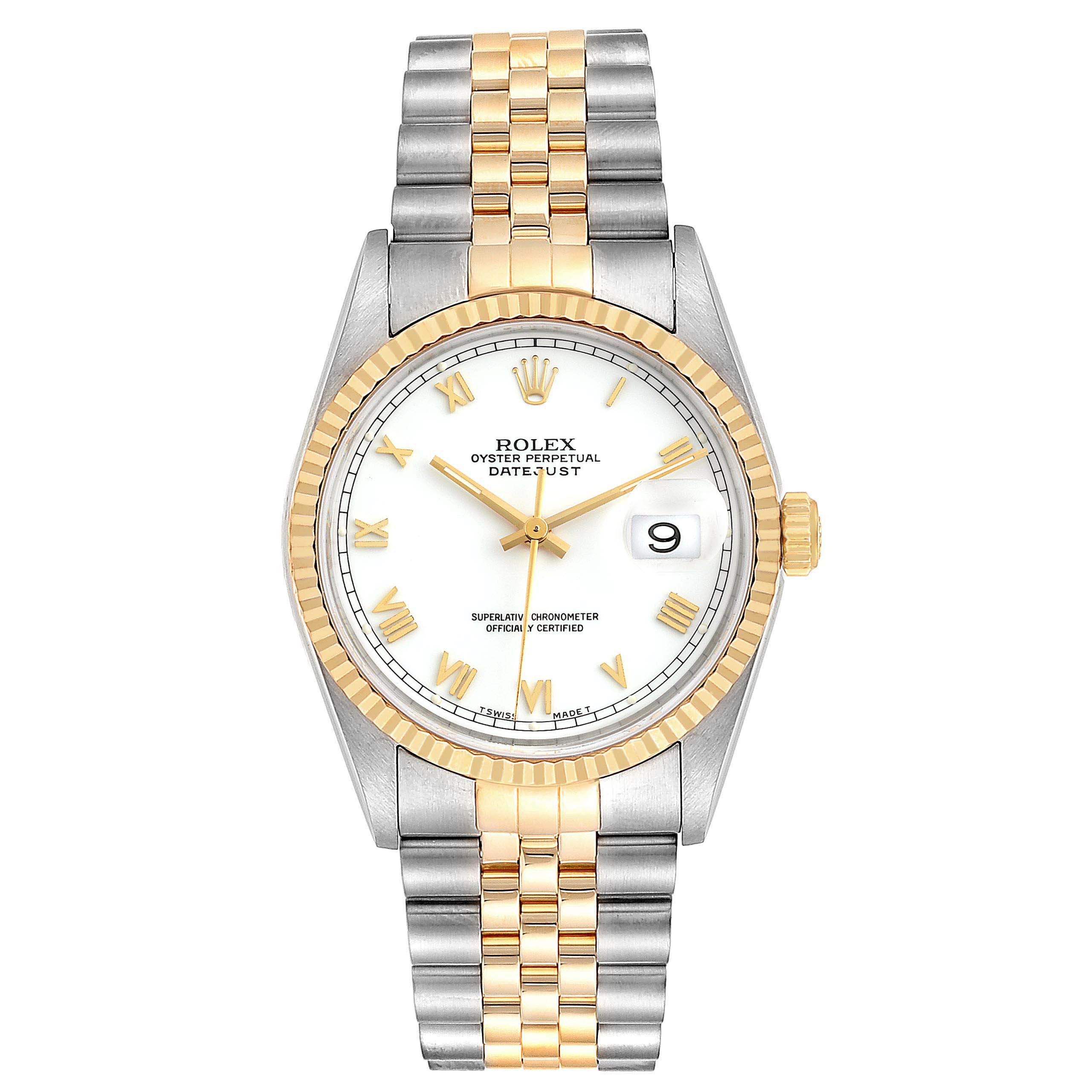 This image shows a front view of a Rolex Datejust 16233 Men
s Steel and Gold (two tone) White Dial 16233 Men
s Steel and Gold (two tone) White Dial watch, displaying the dial, case, bezel, and bracelet.