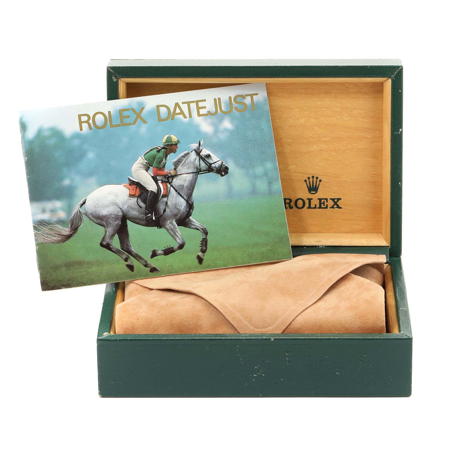 The image shows a Rolex Datejust 16233 Men
s Steel and Gold (two tone) White Dial 16233 Men
s Steel and Gold (two tone) White Dial box with a manual and a suede watch pouch inside.