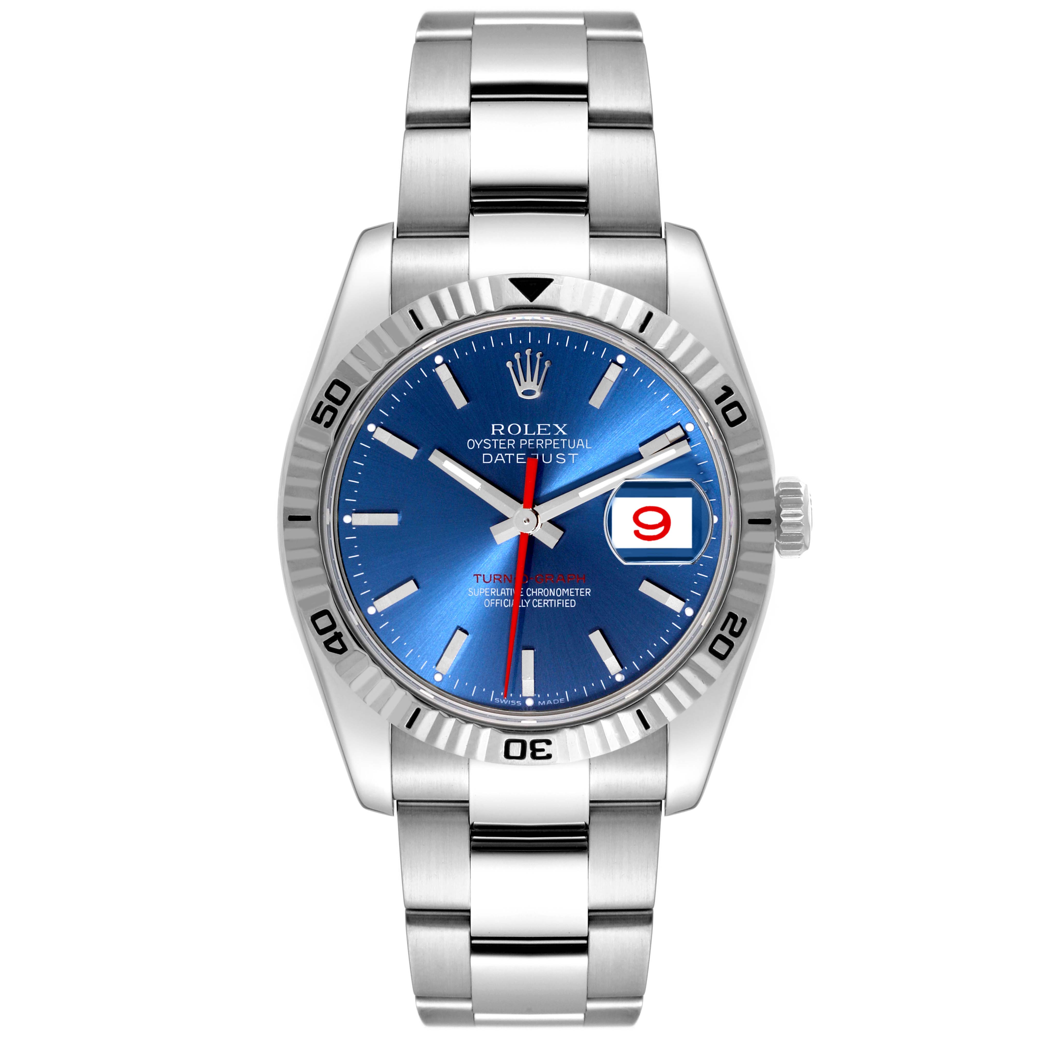 The image shows a front view of the Rolex Turn-o-Graph 116264 Men
s Stainless Steel Blue Dial 116264 Men
s Stainless Steel Blue Dial watch, displaying its blue dial, date window, and stainless steel bracelet.
