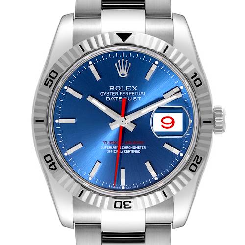 The image shows a Rolex Turn-o-Graph watch from the front, displaying its blue dial, red second hand, date window, and stainless steel bracelet.