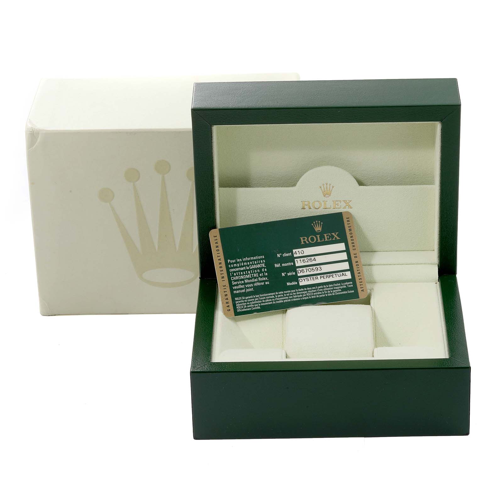 The image shows an empty Rolex Turn-o-Graph 116264 Men
s Stainless Steel Blue Dial 116264 Men
s Stainless Steel Blue Dial watch box and a Rolex Best Quality
ity card.