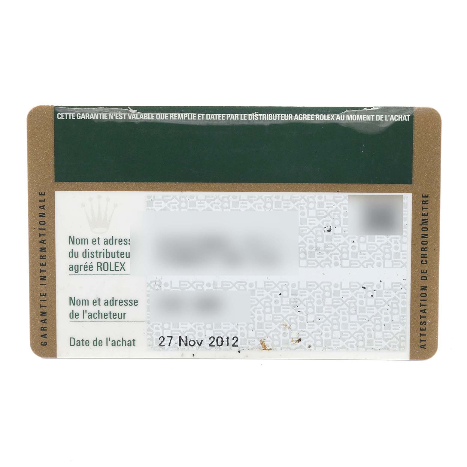 This image shows the international warranty card for a Rolex Turn-o-Graph 116264 Men
s Stainless Steel Blue Dial 116264 Men
s Stainless Steel Blue Dial model, detailing the date of purchase.