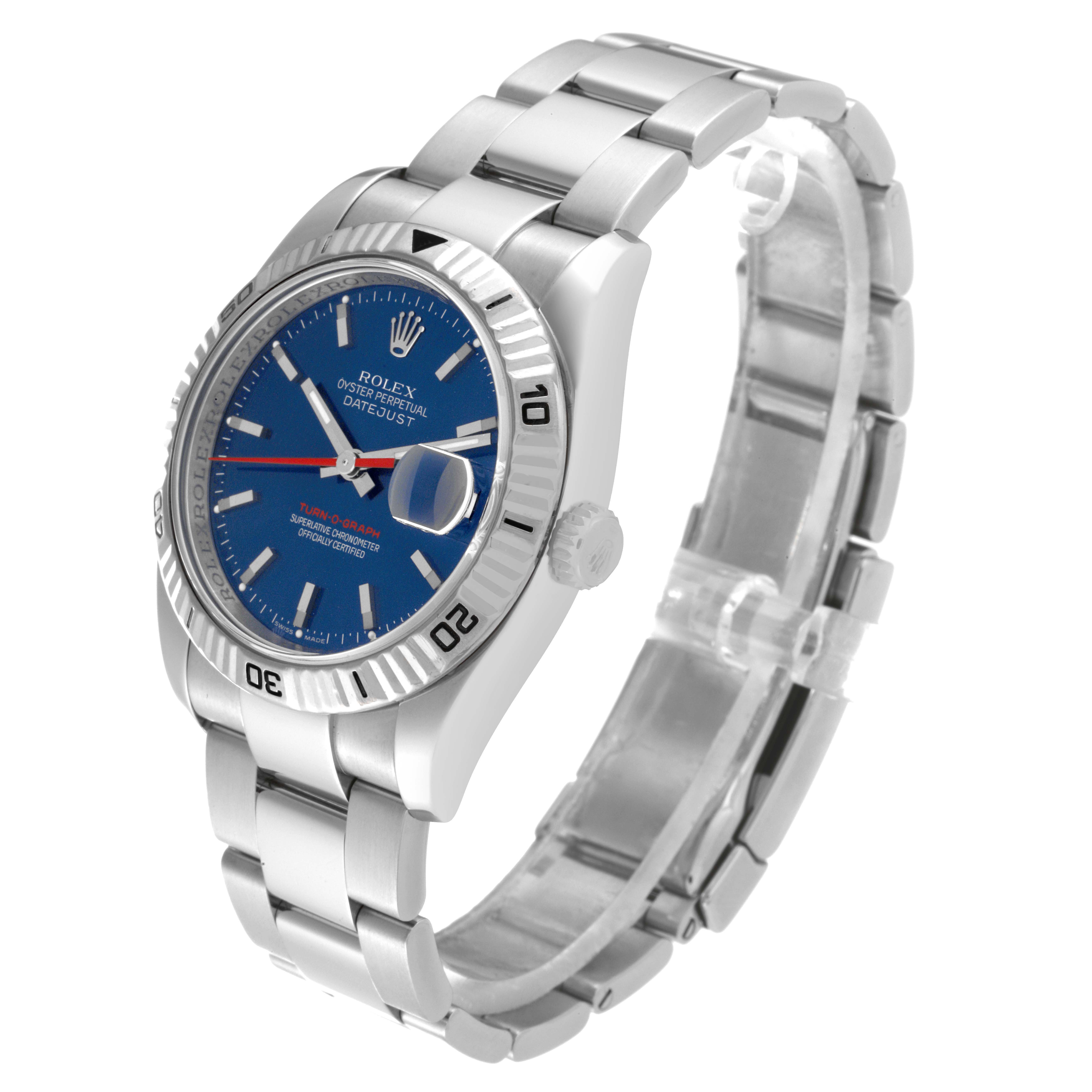 The image shows a side angle view of the Rolex Turn-o-Graph 116264 Men
s Stainless Steel Blue Dial 116264 Men
s Stainless Steel Blue Dial watch, highlighting the dial, bezel, bracelet, and crown.