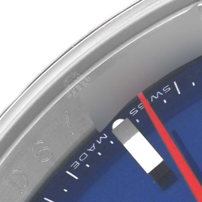 This close-up image shows the edge of the dial, bezel, and part of the second hand of the Rolex Turn-o-Graph 116264 Men
s Stainless Steel Blue Dial 116264 Men
s Stainless Steel Blue Dial watch.