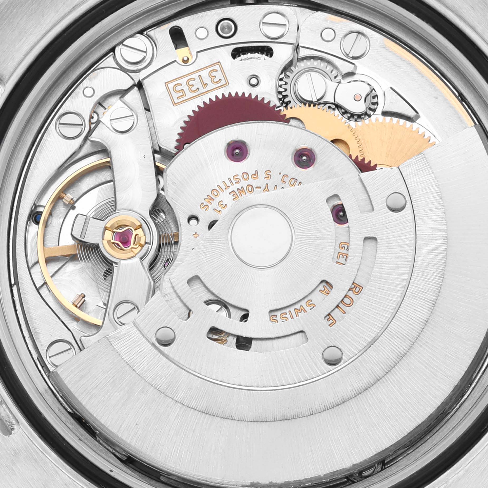 This image shows a close-up of the movement mechanism of a Rolex Turn-o-Graph 116264 Men
s Stainless Steel Blue Dial 116264 Men
s Stainless Steel Blue Dial watch, highlighting gears and intricate parts.