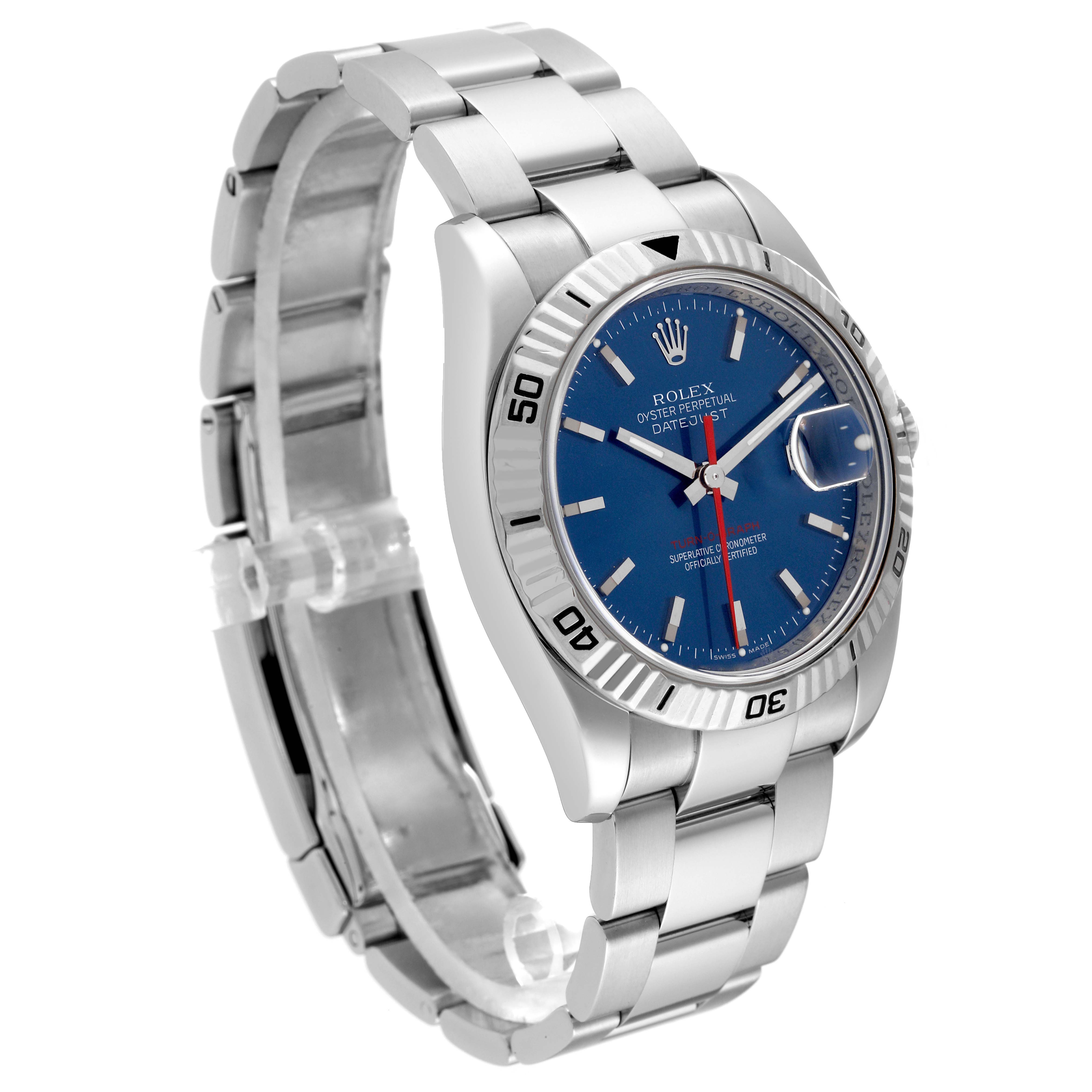 The image shows a side angle view of a Rolex Turn-o-Graph 116264 Men
s Stainless Steel Blue Dial 116264 Men
s Stainless Steel Blue Dial watch, highlighting the blue dial, bezel, and bracelet.