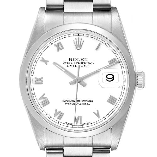 The Rolex Datejust watch is shown from a top-down angle, displaying the entire face, bezel, crown, and parts of the bracelet.