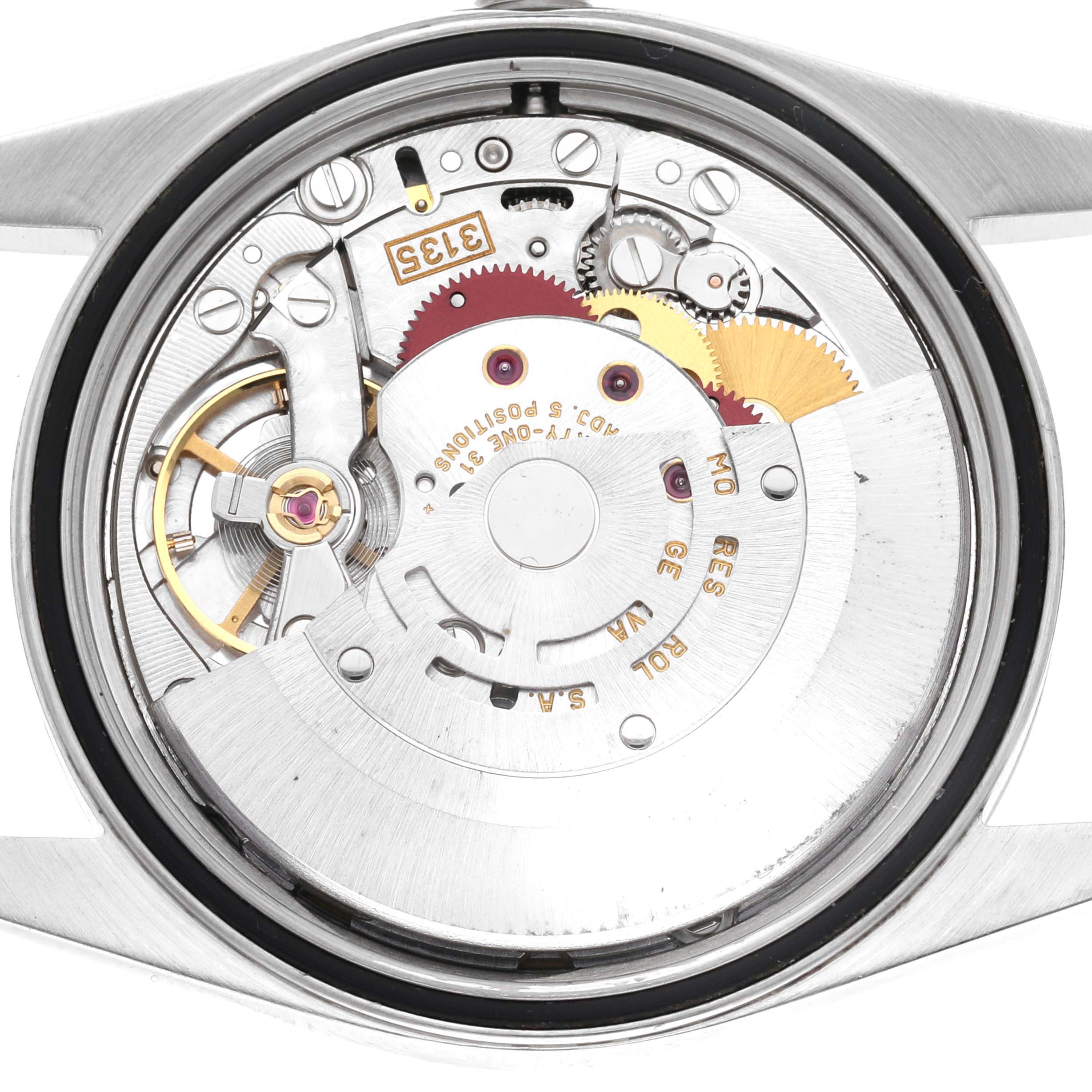 The image shows the internal movement mechanism of a Rolex Datejust 16200 Men's Stainless Steel White Dial 16200 Men's Stainless Steel White Dial watch from a rear angle.