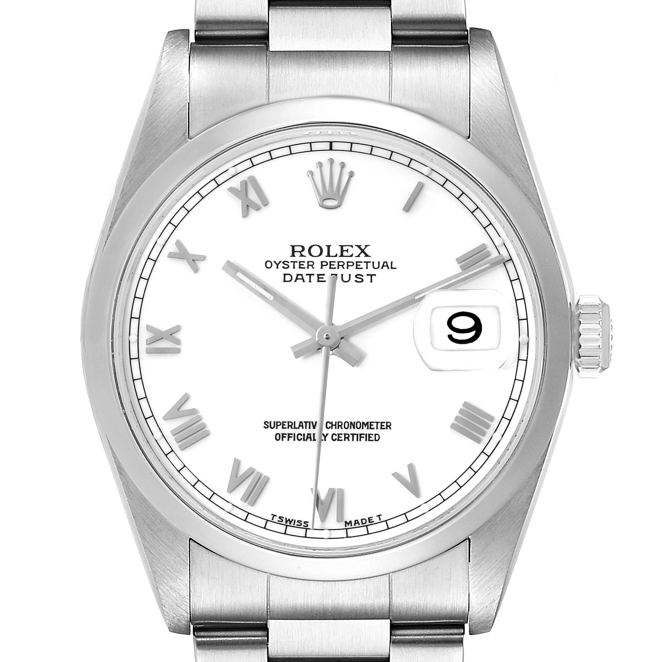 The image shows a front view of a Rolex Datejust 16200 Men's Stainless Steel White Dial 16200 Men's Stainless Steel White Dial watch displaying the face, bezel, and part of the bracelet.