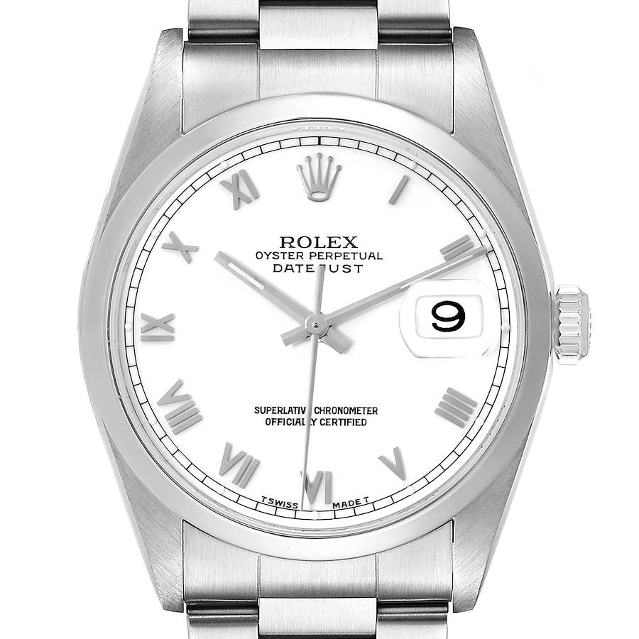 The image shows a front view of a Rolex Datejust watch displaying the face, bezel, and part of the bracelet.