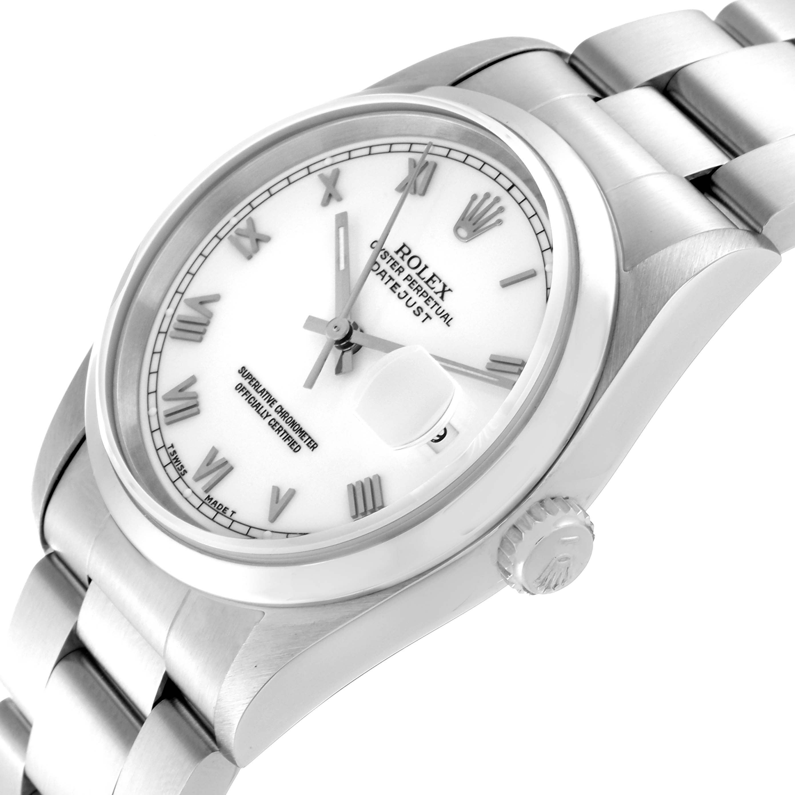 The image shows a Rolex Datejust 16200 Men's Stainless Steel White Dial 16200 Men's Stainless Steel White Dial watch at a slight angle, highlighting the dial, crown, bezel, and part of the bracelet.