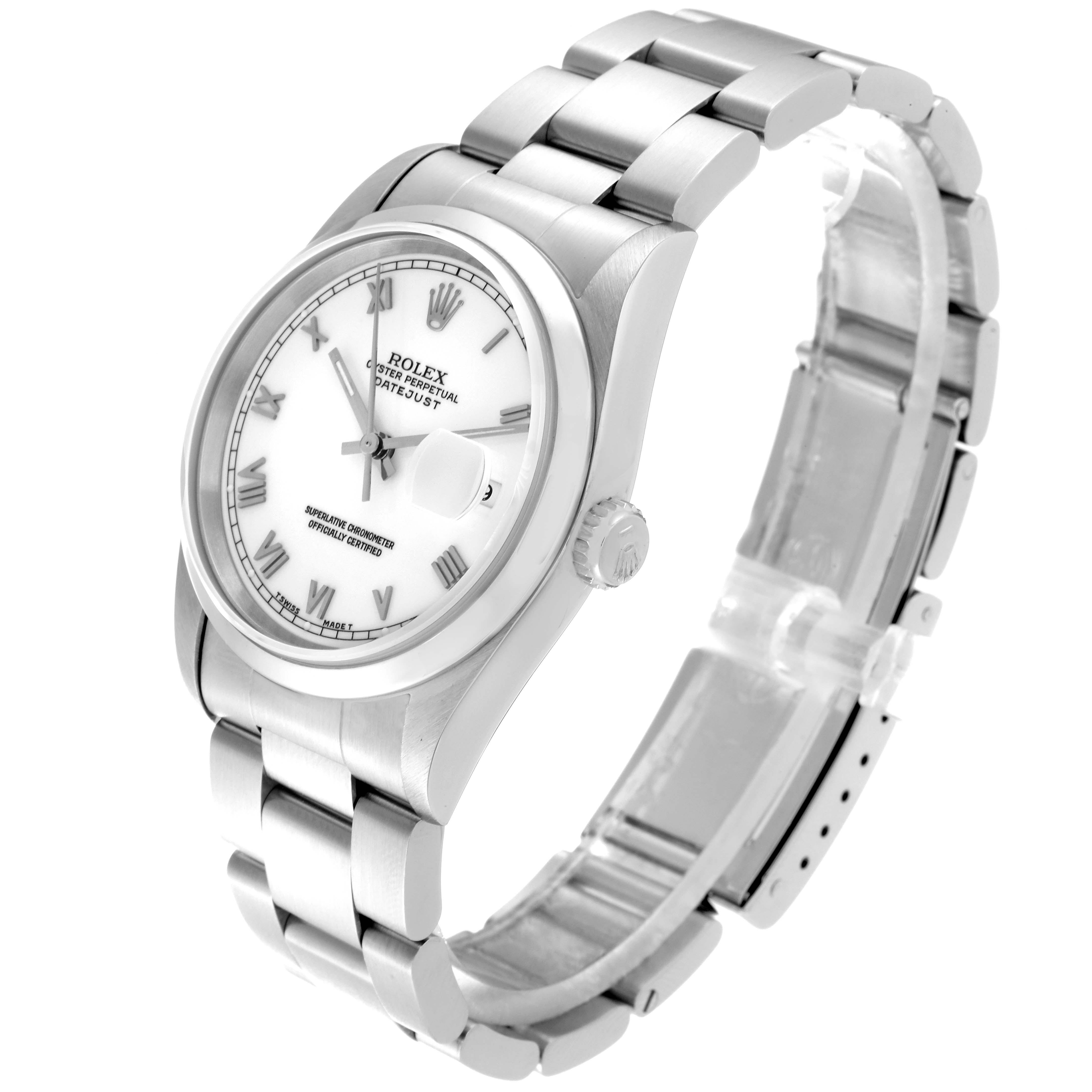 The Rolex Datejust 16200 Men's Stainless Steel White Dial 16200 Men's Stainless Steel White Dial watch is shown at a three-quarter angle, displaying the face, bezel, crown, and bracelet.