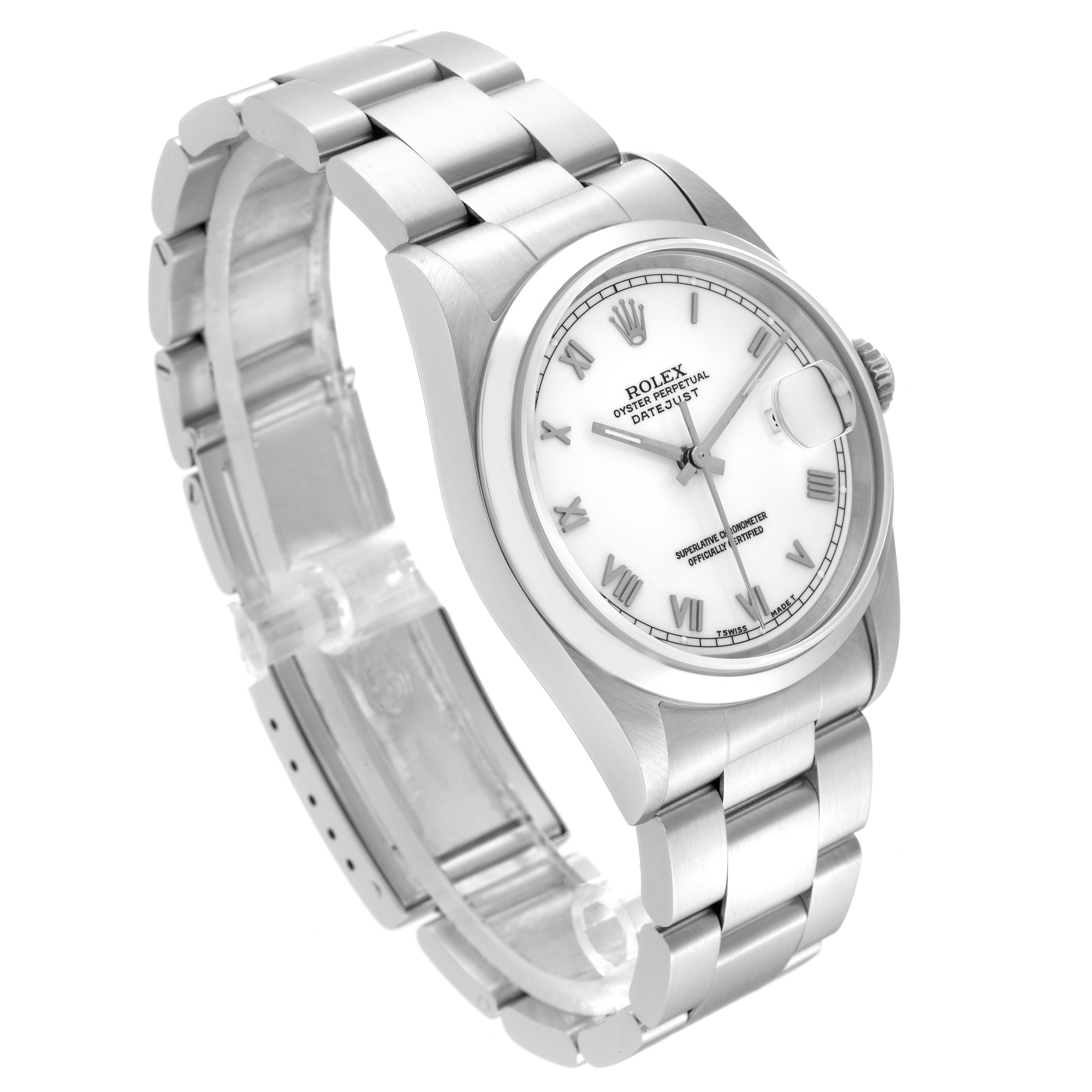 The Rolex Datejust 16200 Men's Stainless Steel White Dial 16200 Men's Stainless Steel White Dial watch is shown at a three-quarter angle, highlighting its bracelet, white dial, and Roman numeral markers.