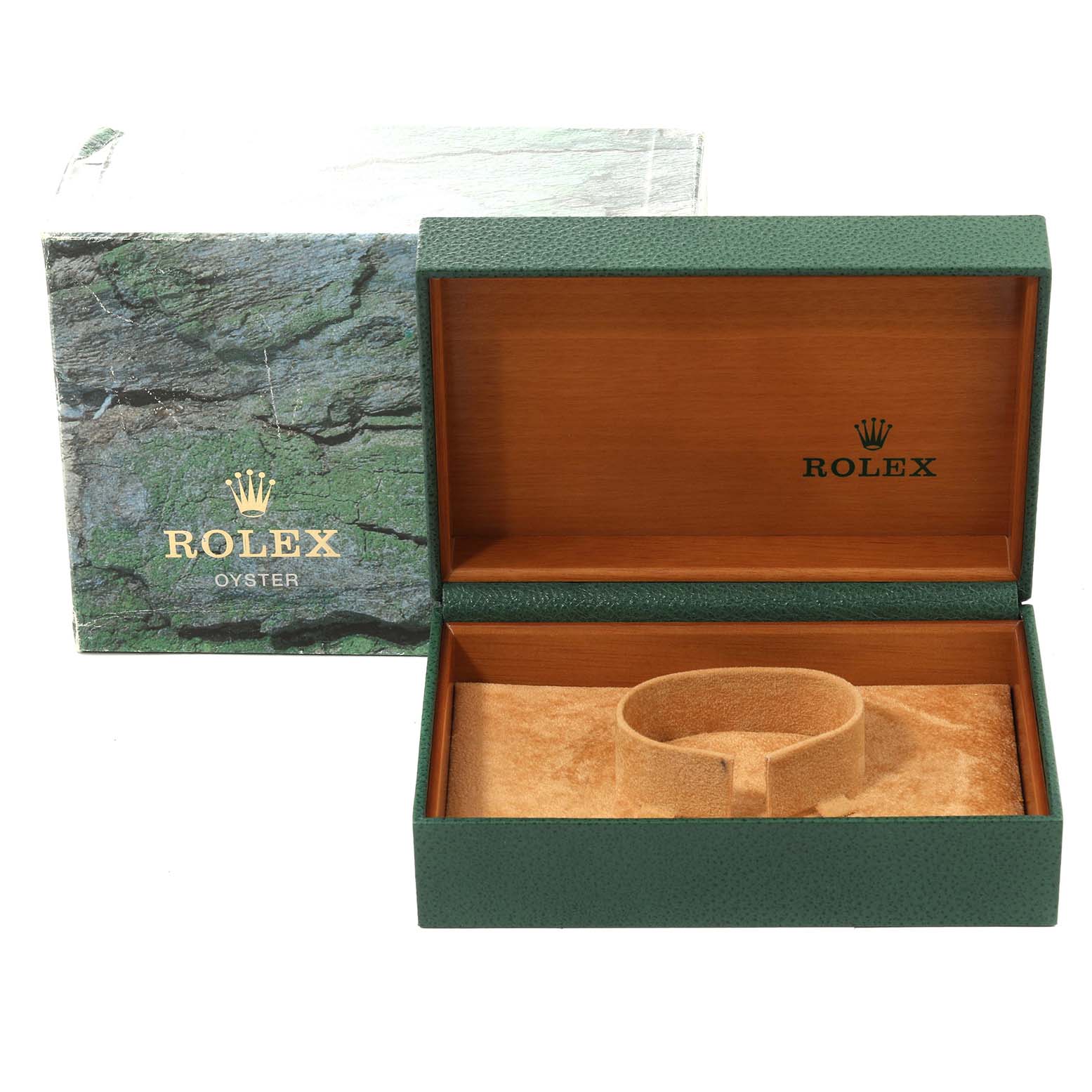 The image shows the original green box and opened wooden case for a Rolex Datejust 16200 Men's Stainless Steel White Dial 16200 Men's Stainless Steel White Dial.