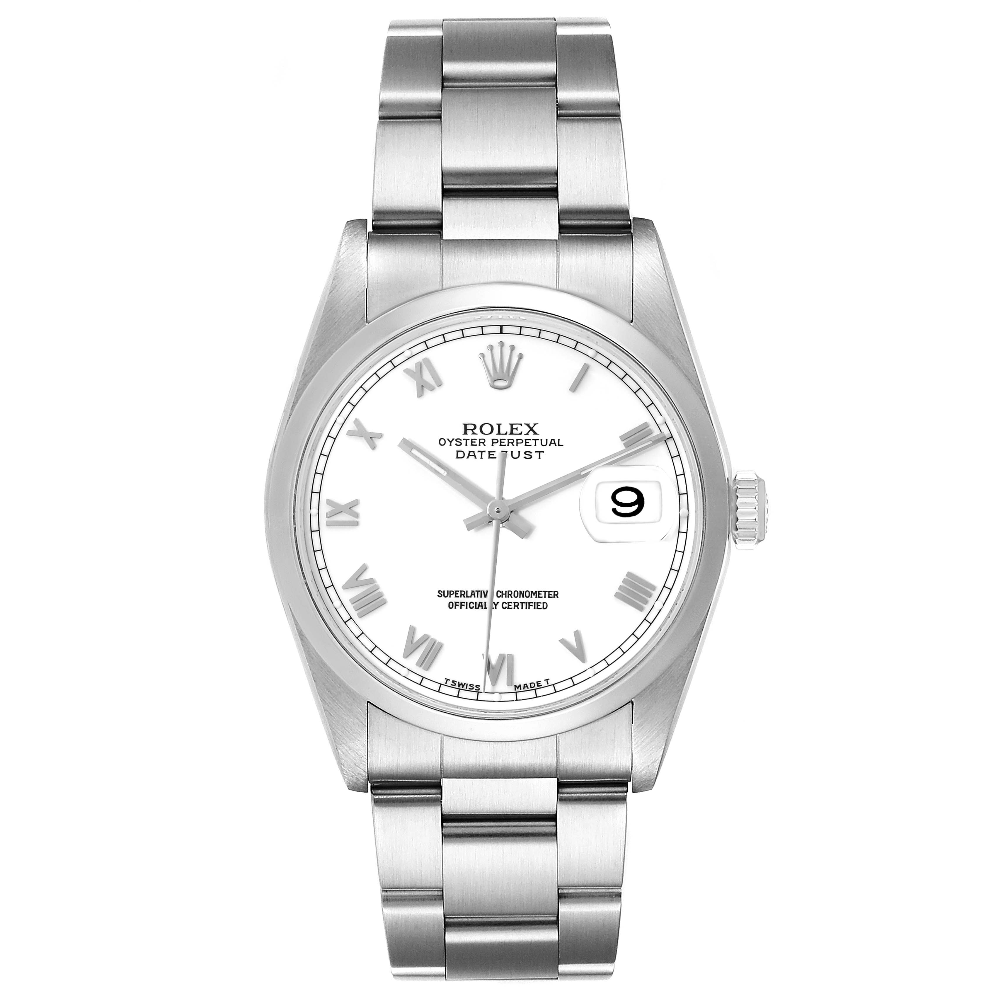 This image shows a front view of the Rolex Datejust 16200 Men's Stainless Steel White Dial 16200 Men's Stainless Steel White Dial watch, displaying its dial, bezel, case, crown, and bracelet.