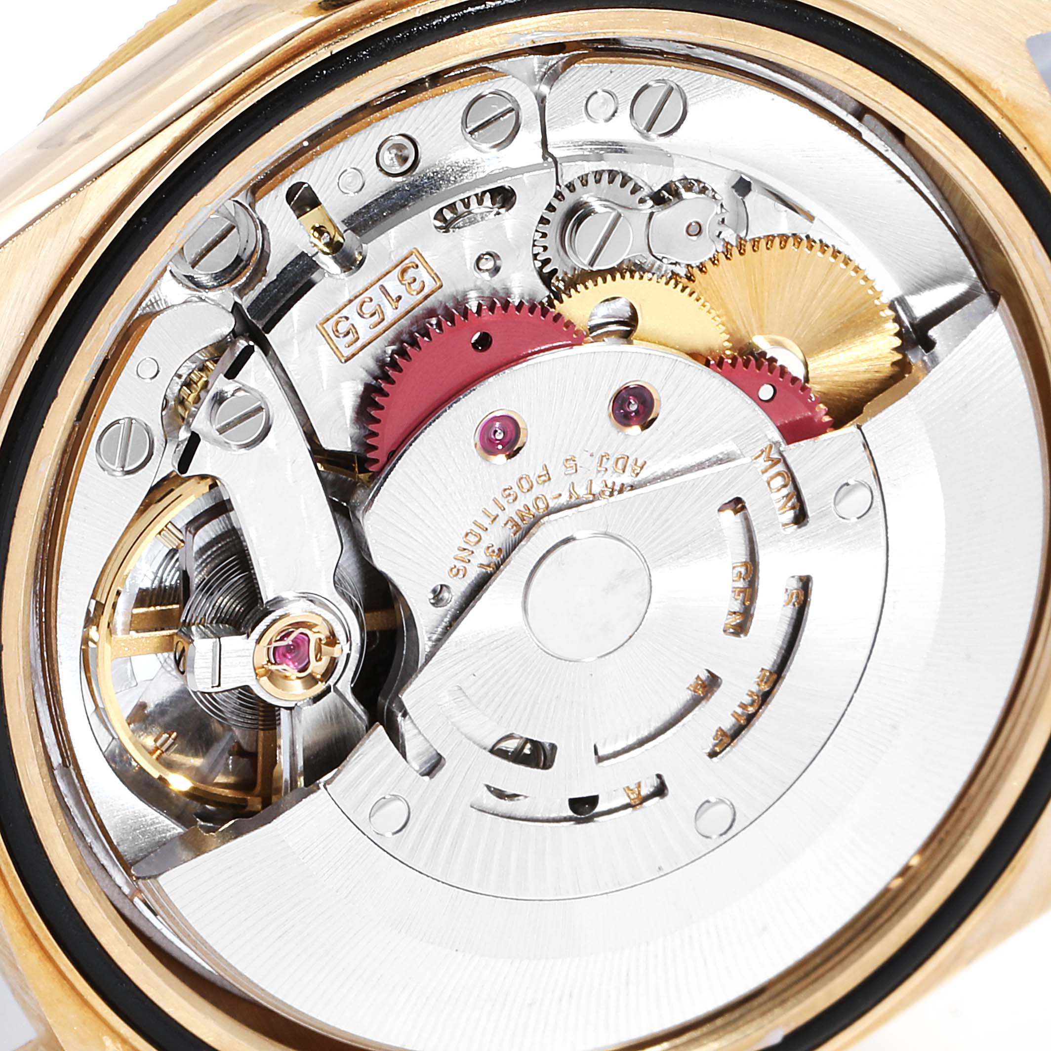 This image shows the intricate internal mechanism of a Rolex President 18248 Men's Yellow Gold Beige Dial 18248 Men's Yellow Gold Beige Dial model watch at a close-up angle.