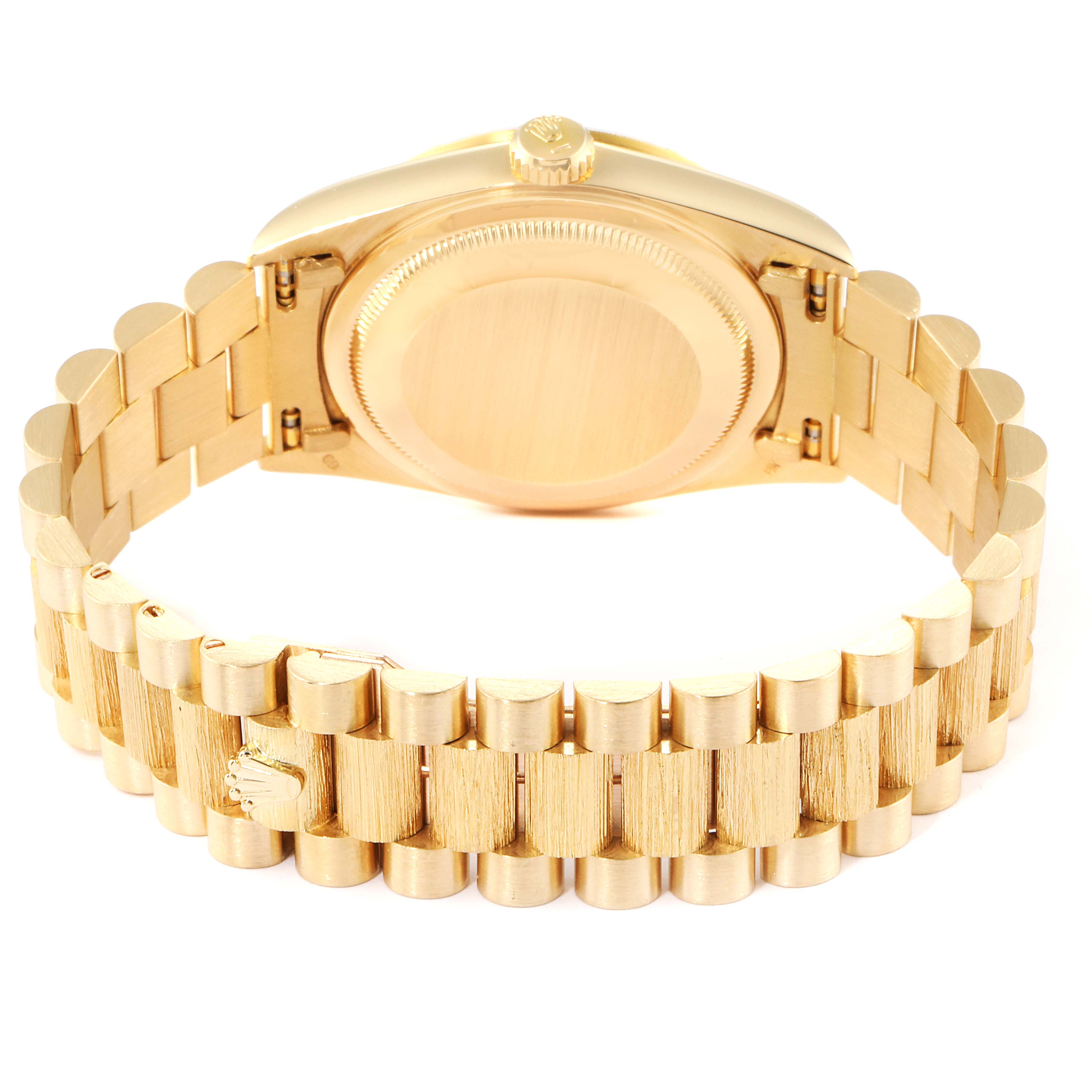 This image shows the back and bracelet of the Rolex President 18248 Men's Yellow Gold Beige Dial 18248 Men's Yellow Gold Beige Dial model watch from a straight-on angle.
