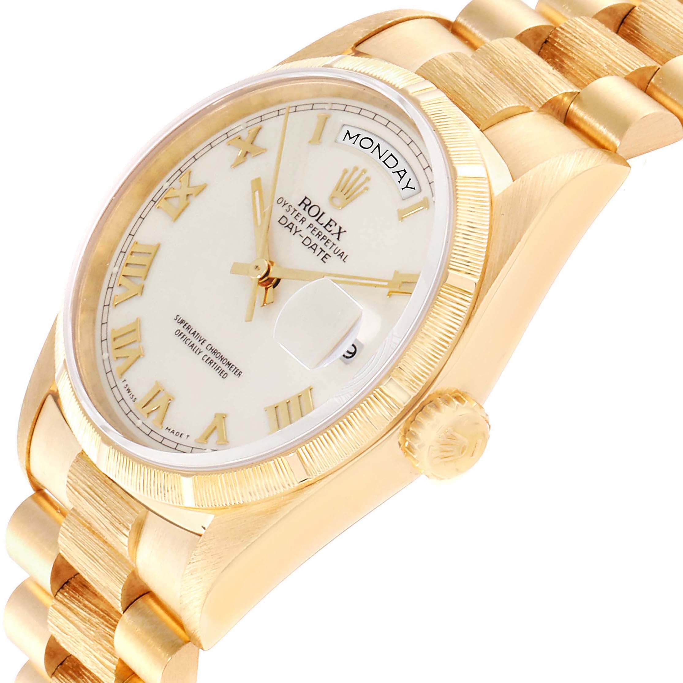 This image shows a side angle of the Rolex President 18248 Men's Yellow Gold Beige Dial 18248 Men's Yellow Gold Beige Dial model watch, highlighting its face, bezel, crown, and bracelet.