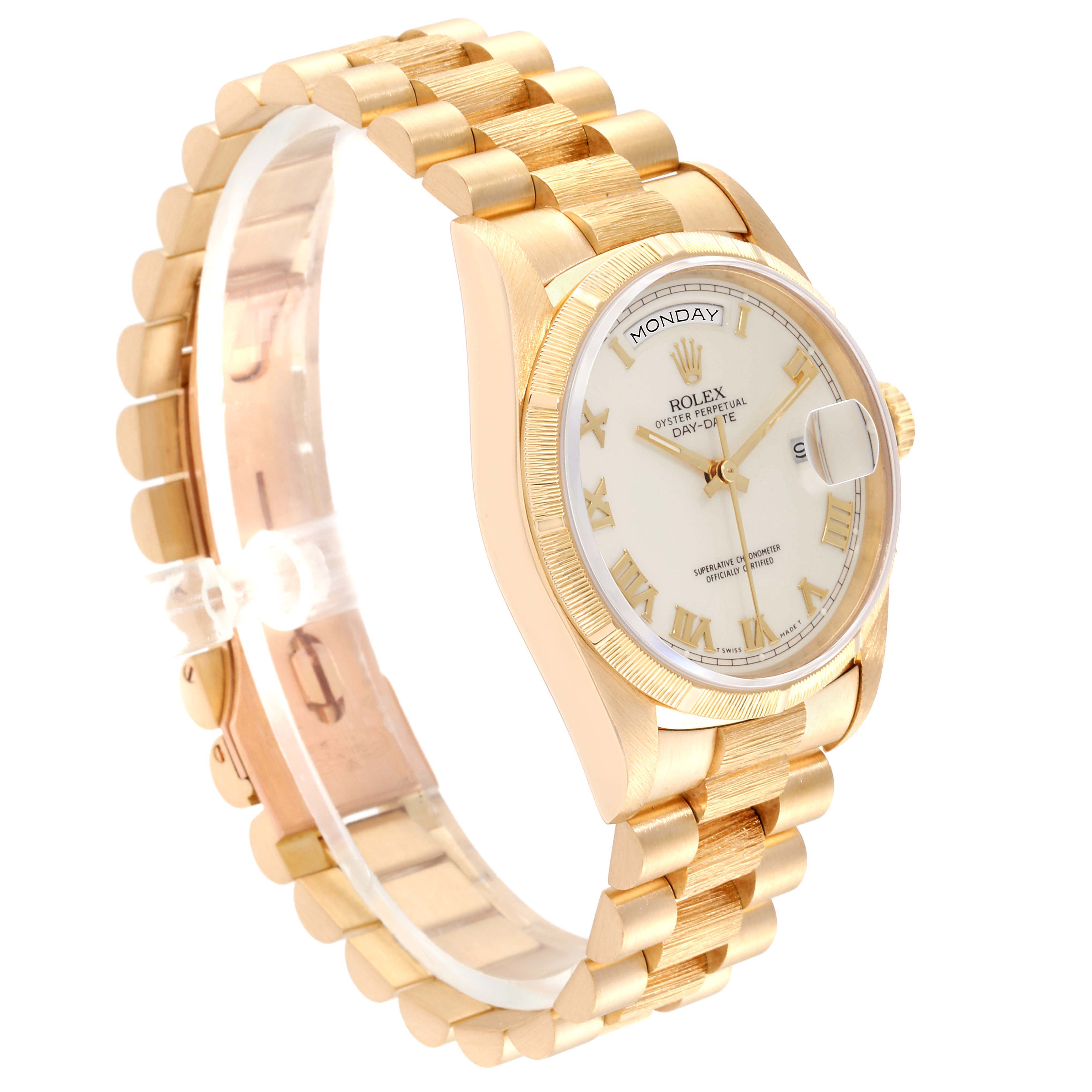 This image shows a gold Rolex President 18248 Men's Yellow Gold Beige Dial 18248 Men's Yellow Gold Beige Dial model watch angled to display its face, band, and day-date features.