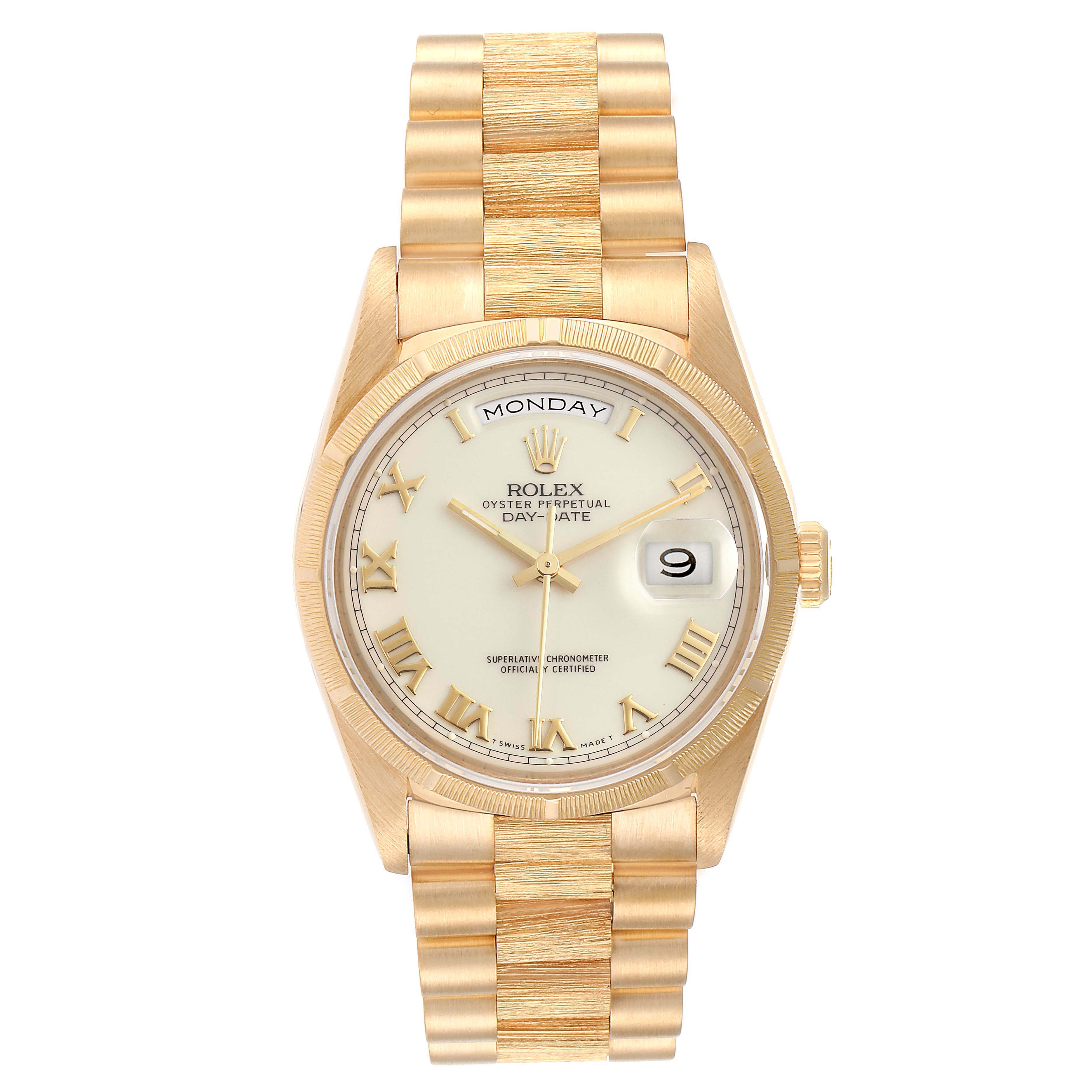 The image shows a front view of a Rolex President 18248 Men's Yellow Gold Beige Dial 18248 Men's Yellow Gold Beige Dial model watch, highlighting its gold case, bracelet, and dial.